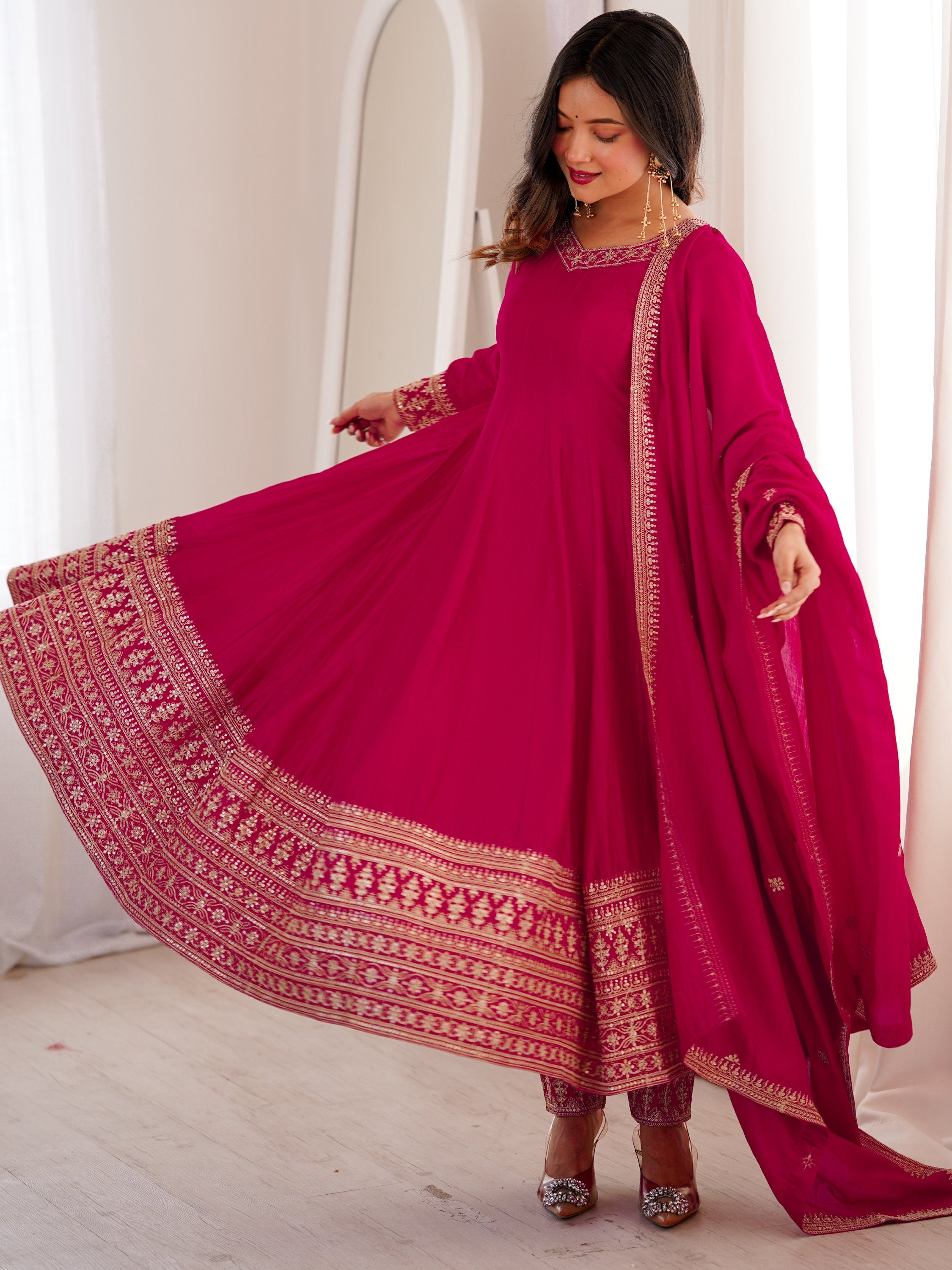 Pretty Pink Dori Embroidered Silk Engagement Wear Anarkali Pant Suit