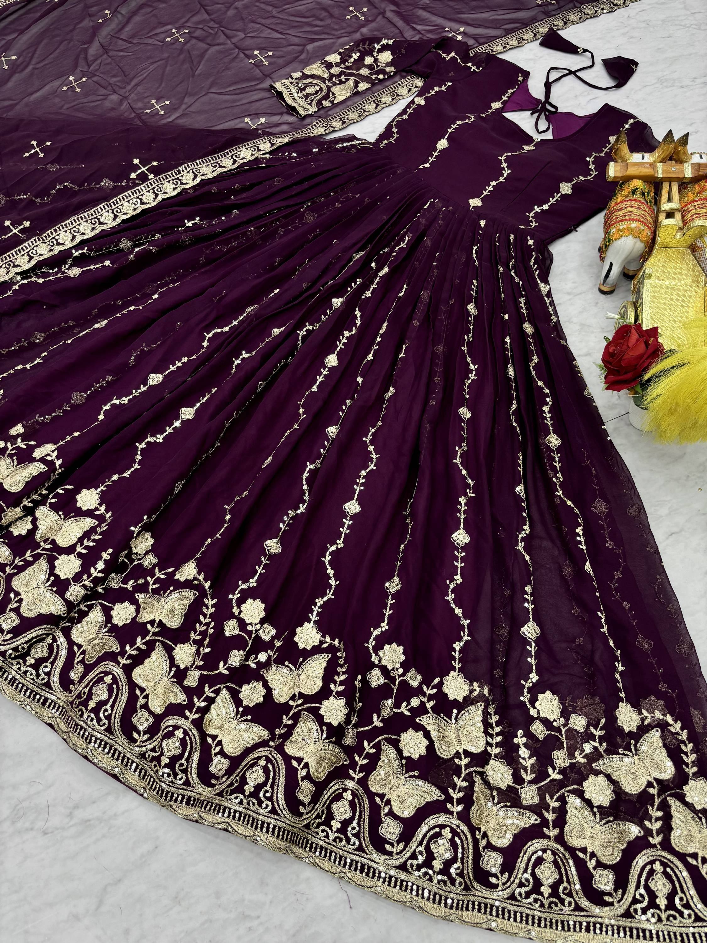 Fantastic Wine Embroidered Georgette Wedding Wear Gown With Dupatta