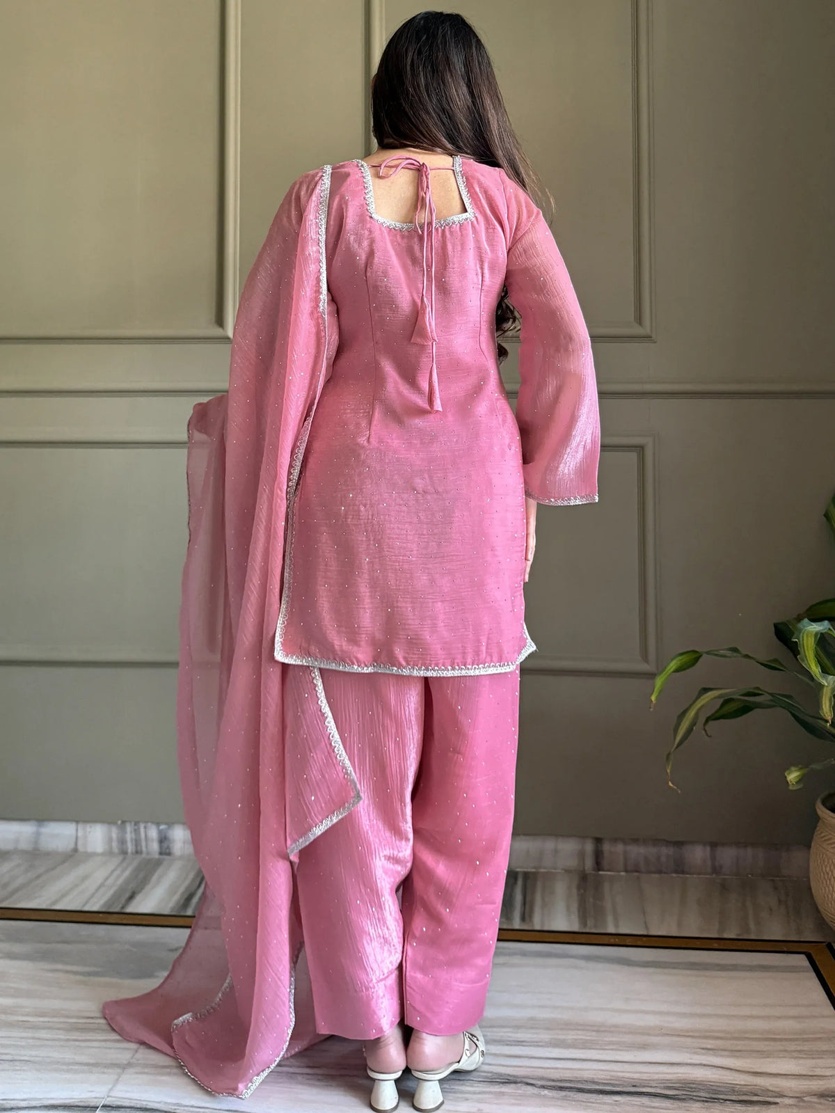 Delightful Pink Lace Border Silk Designer Salwar Suit