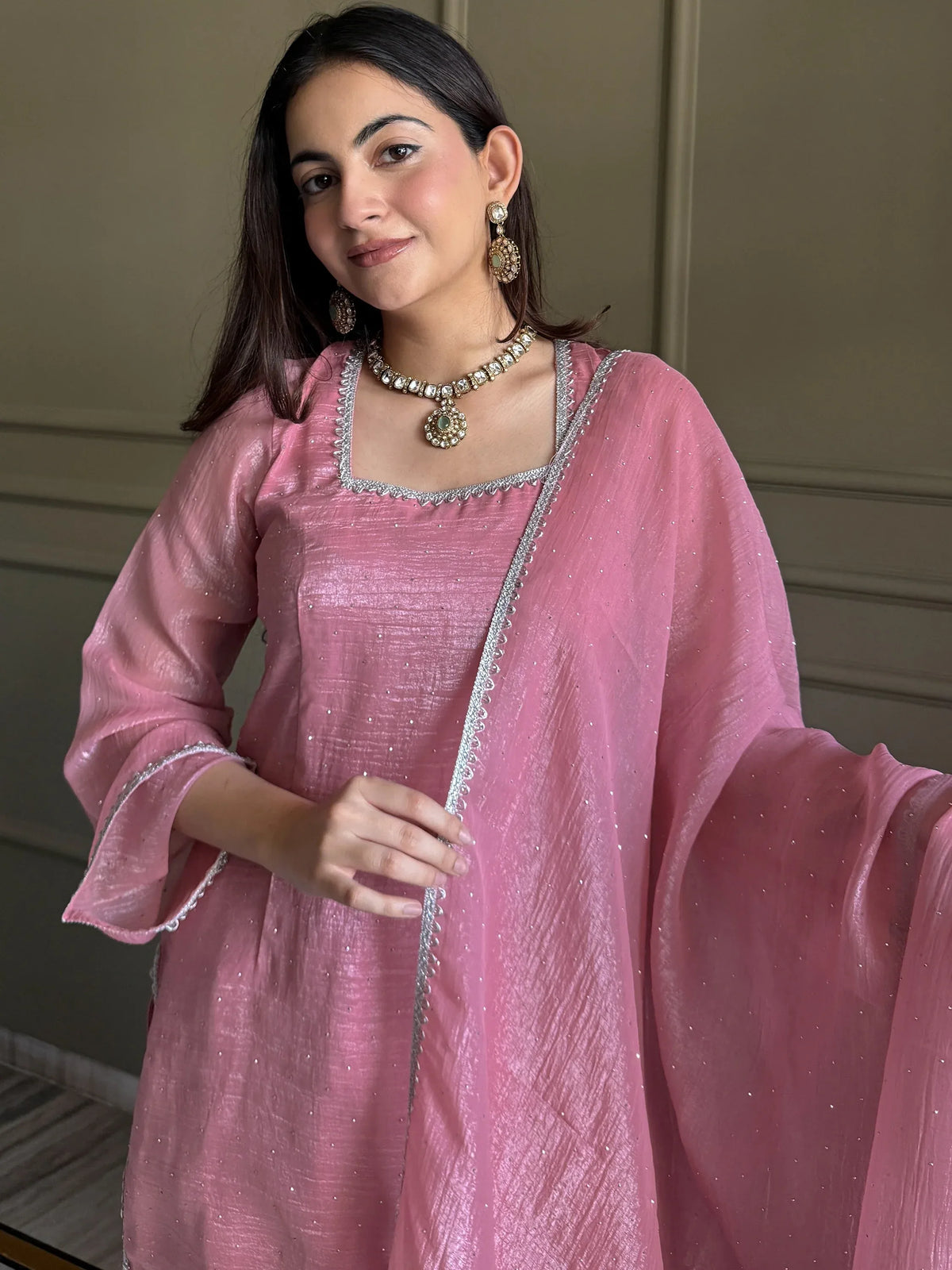 Delightful Pink Lace Border Silk Designer Salwar Suit
