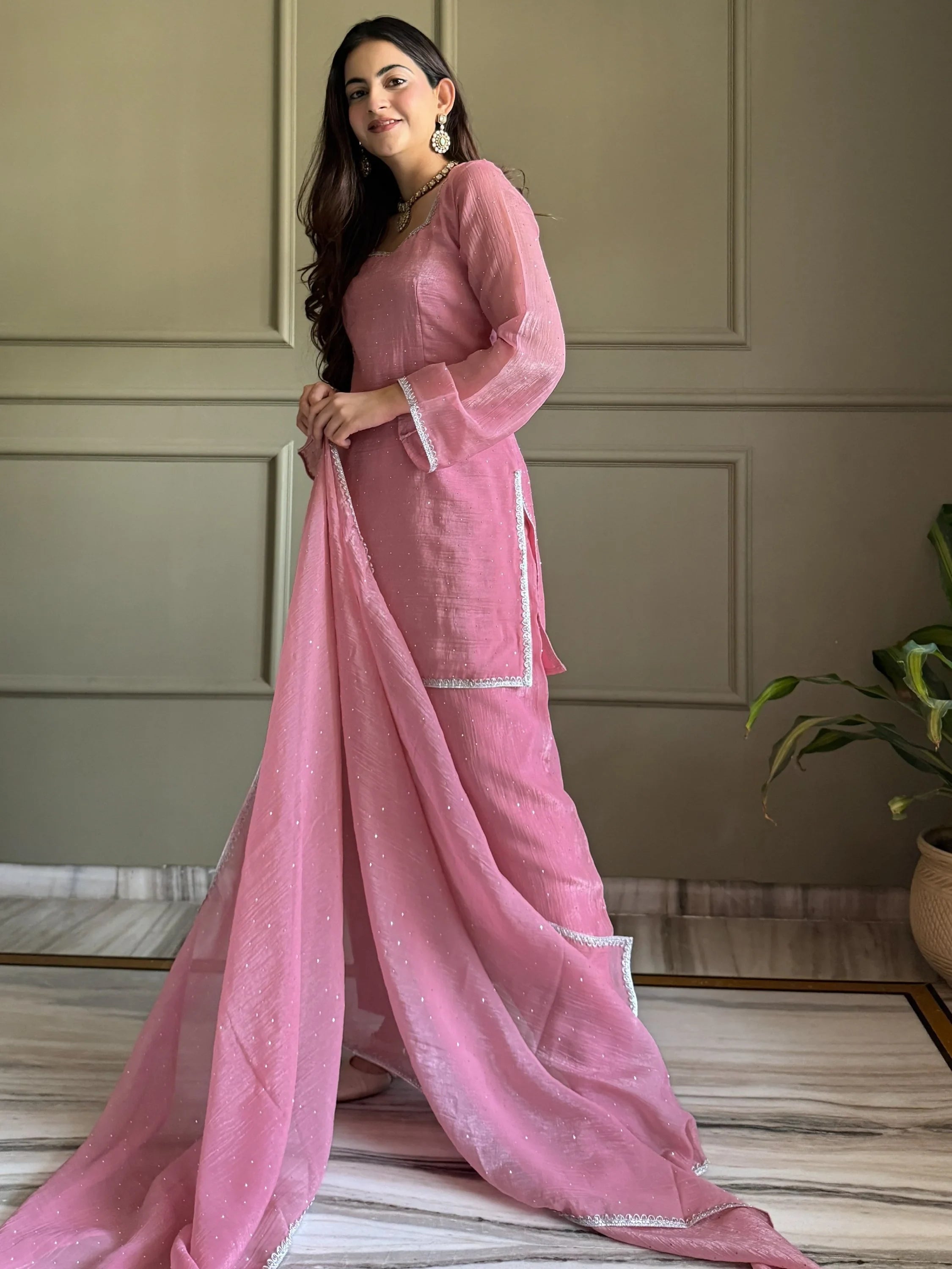 Delightful Pink Lace Border Silk Designer Salwar Suit