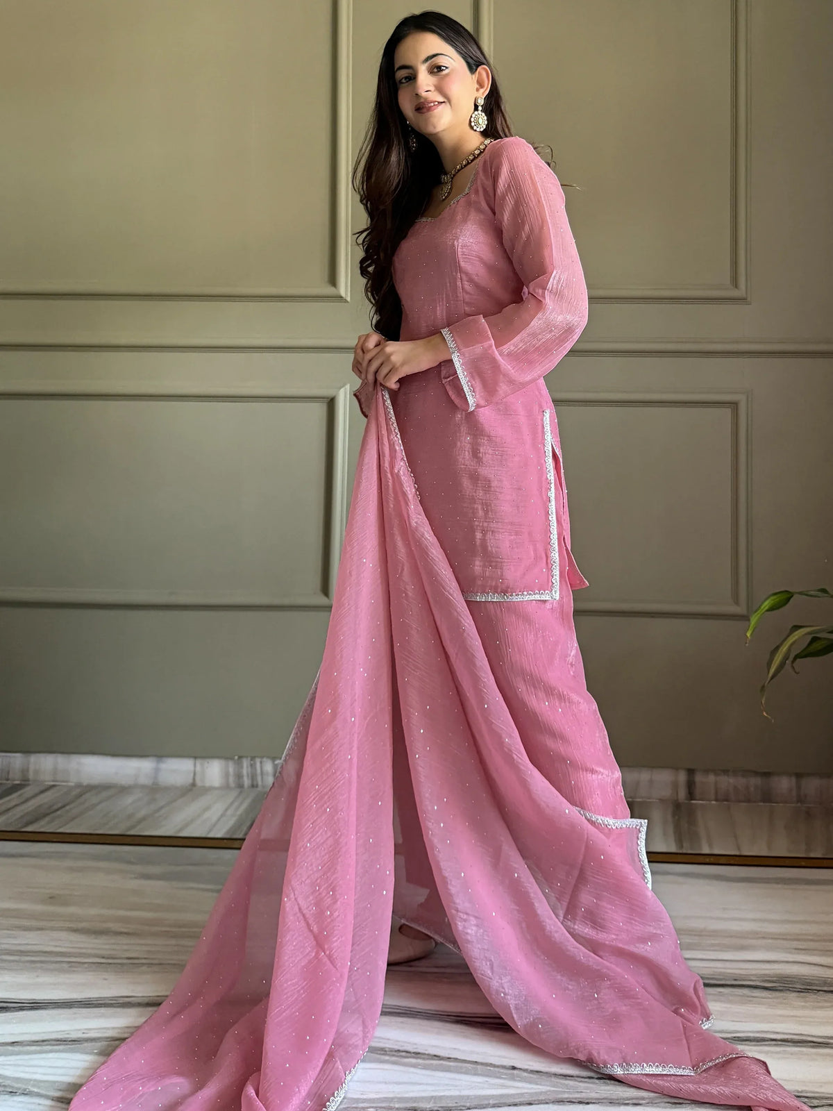 Delightful Pink Lace Border Silk Designer Salwar Suit