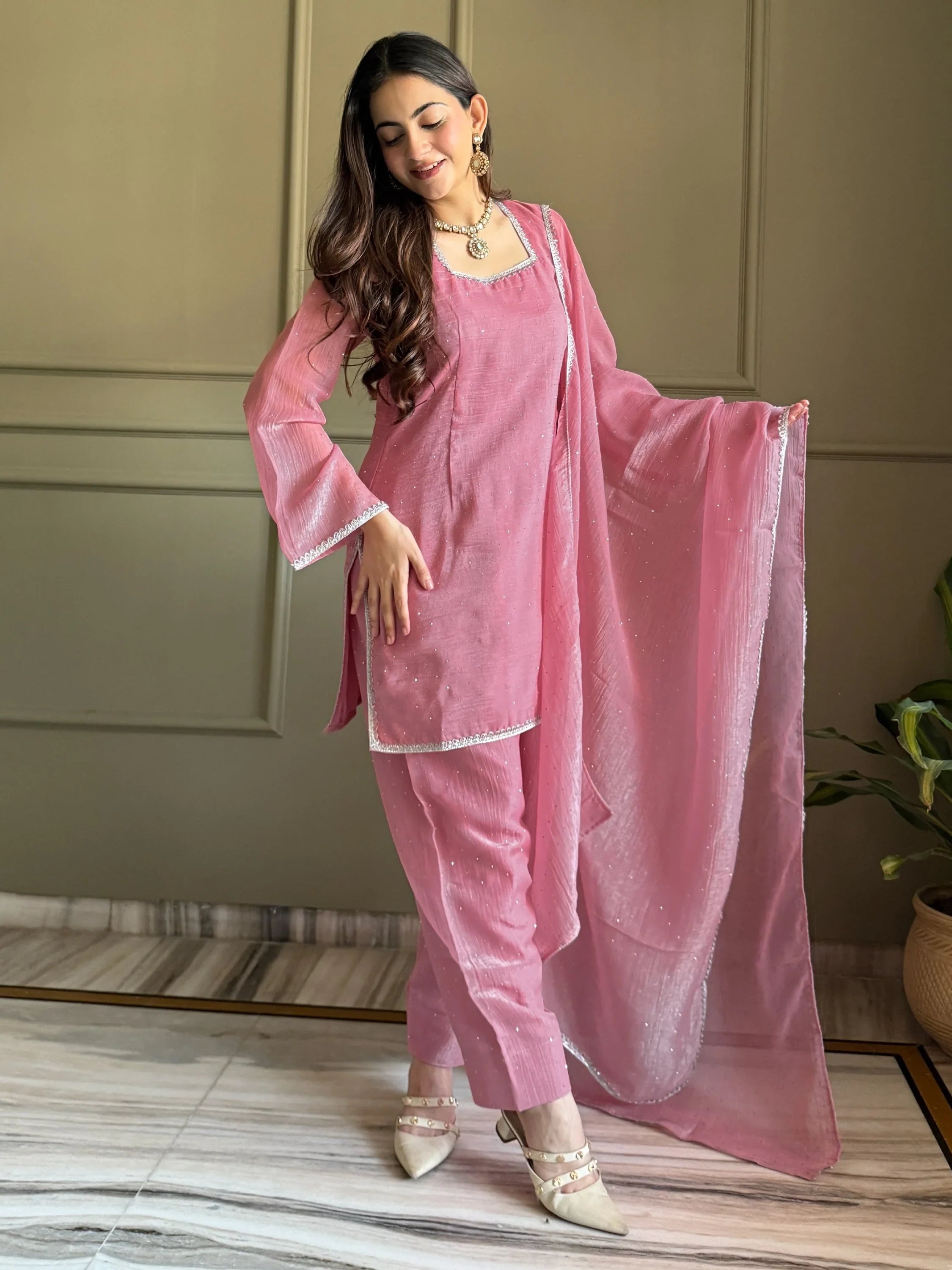 Delightful Pink Lace Border Silk Designer Salwar Suit