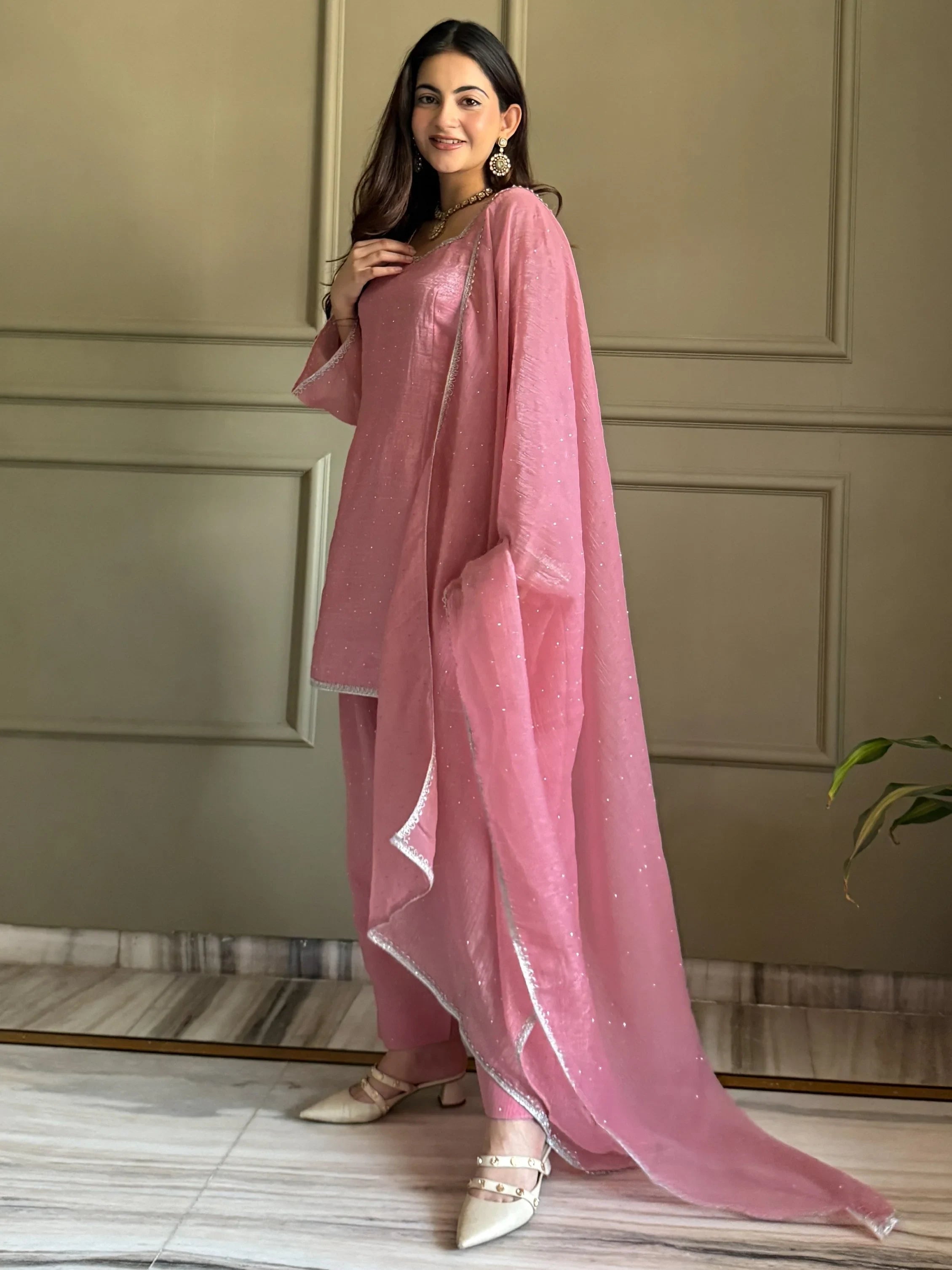 Delightful Pink Lace Border Silk Designer Salwar Suit