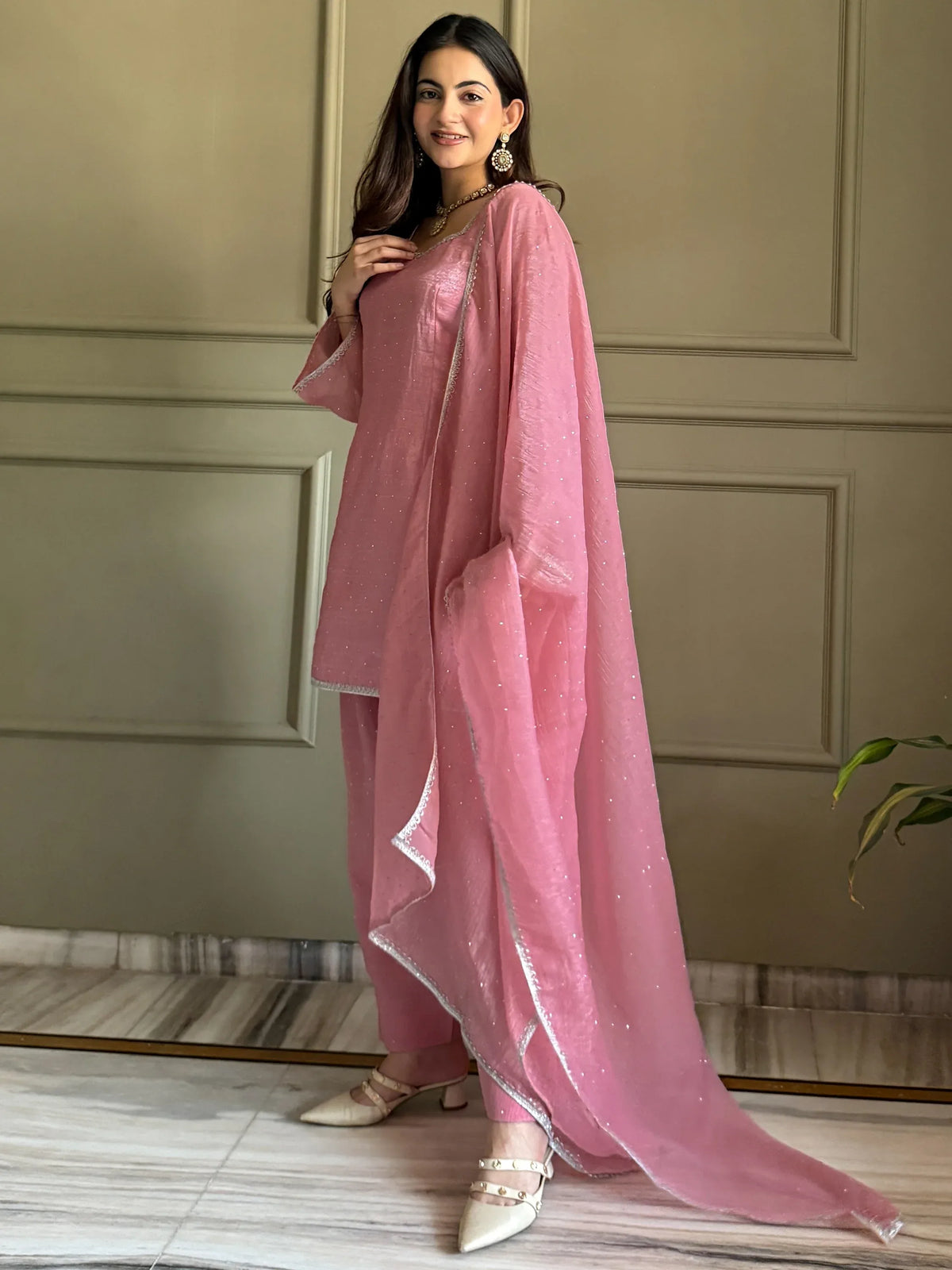 Delightful Pink Lace Border Silk Designer Salwar Suit