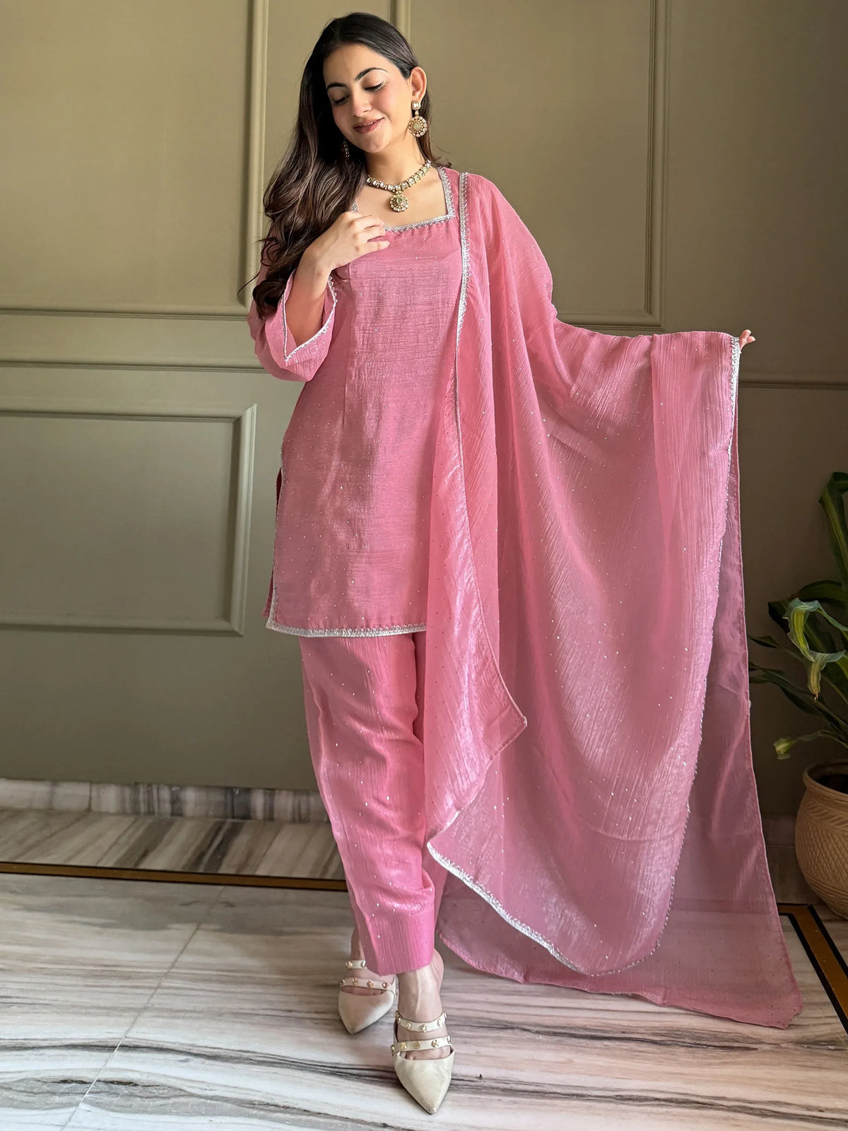 Delightful Pink Lace Border Silk Designer Salwar Suit
