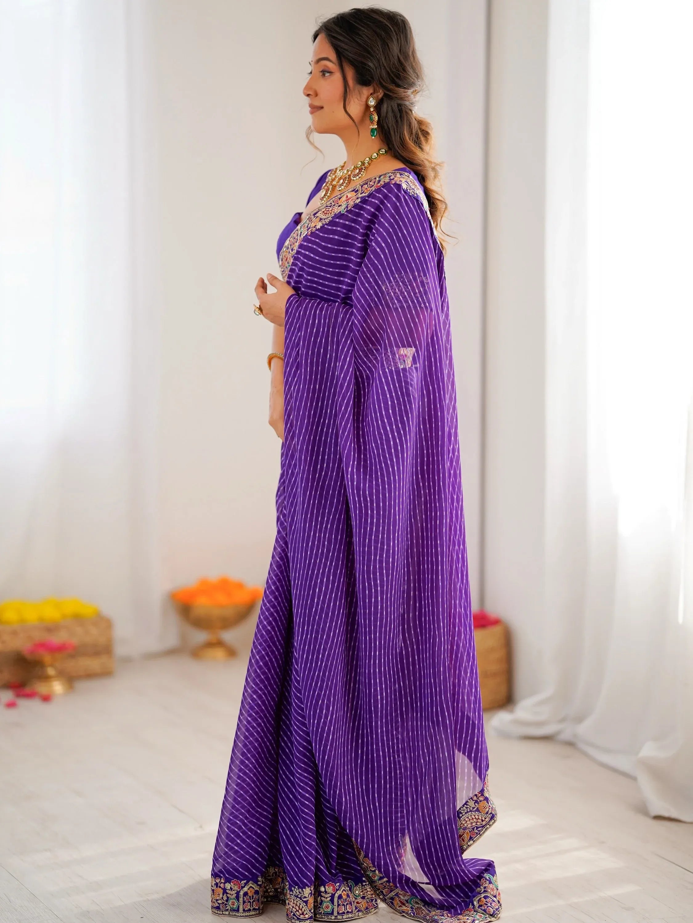 Super Purple Border Work Georgette Function Wear Saree With Blouse