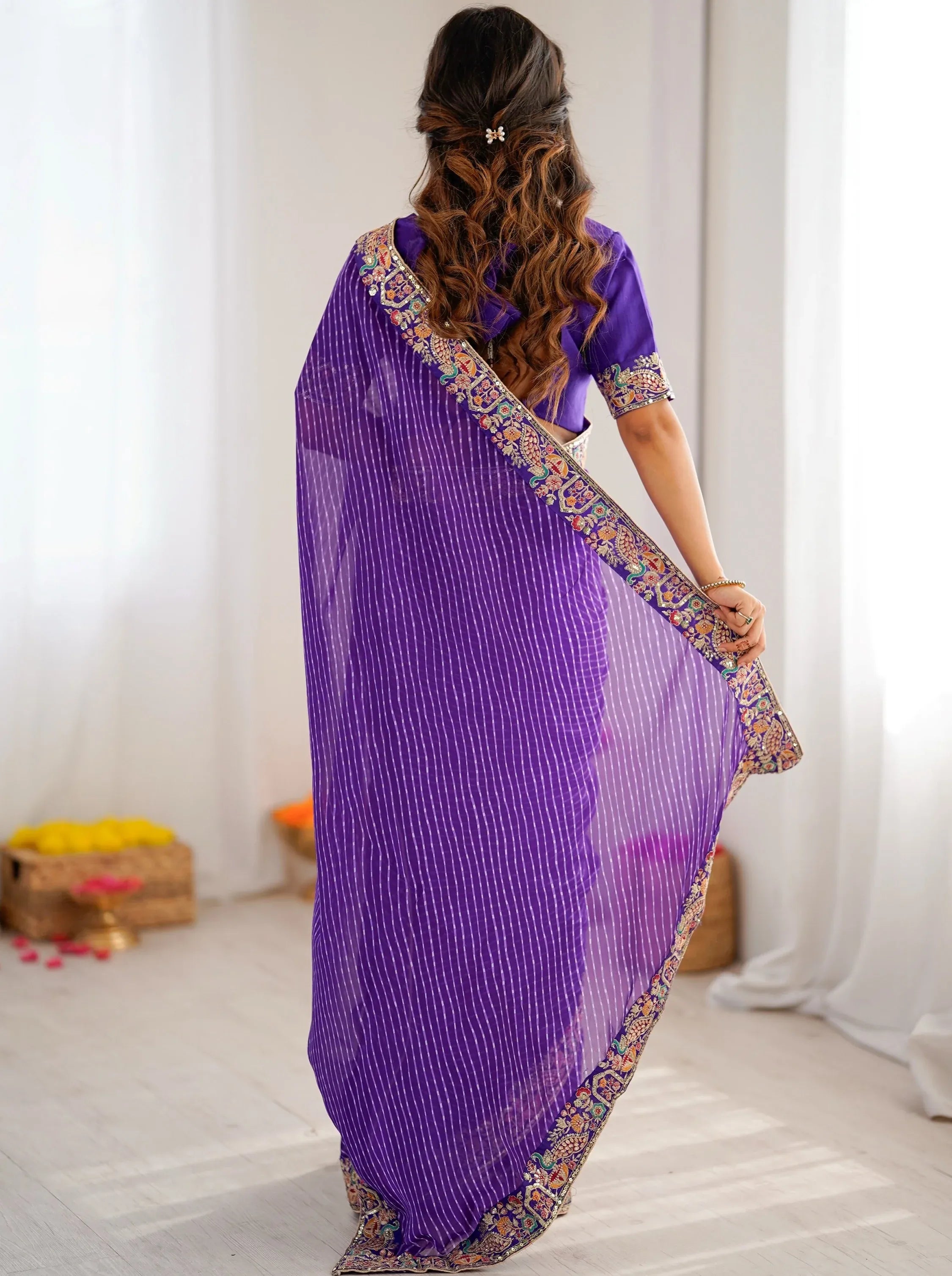 Super Purple Border Work Georgette Function Wear Saree With Blouse