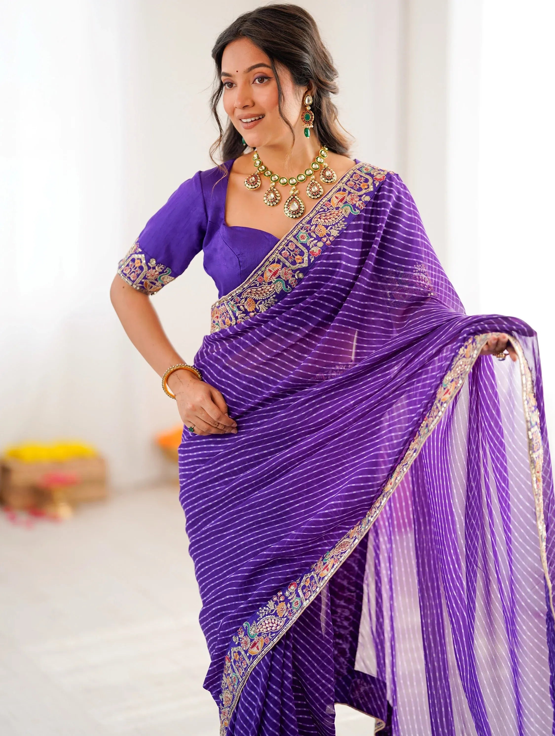 Super Purple Border Work Georgette Function Wear Saree With Blouse