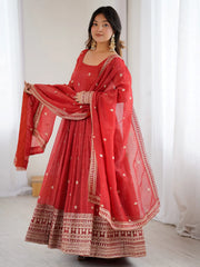Fantastic Red Embroidered Silk Festive Wear Gown With Dupatta