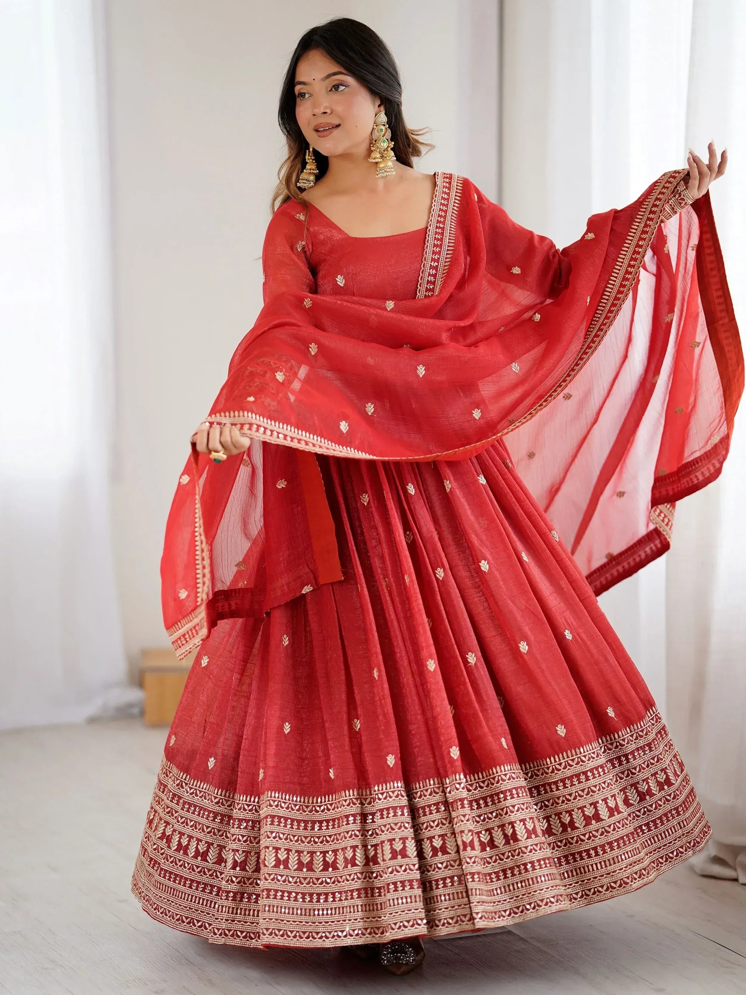 Fantastic Red Embroidered Silk Festive Wear Gown With Dupatta