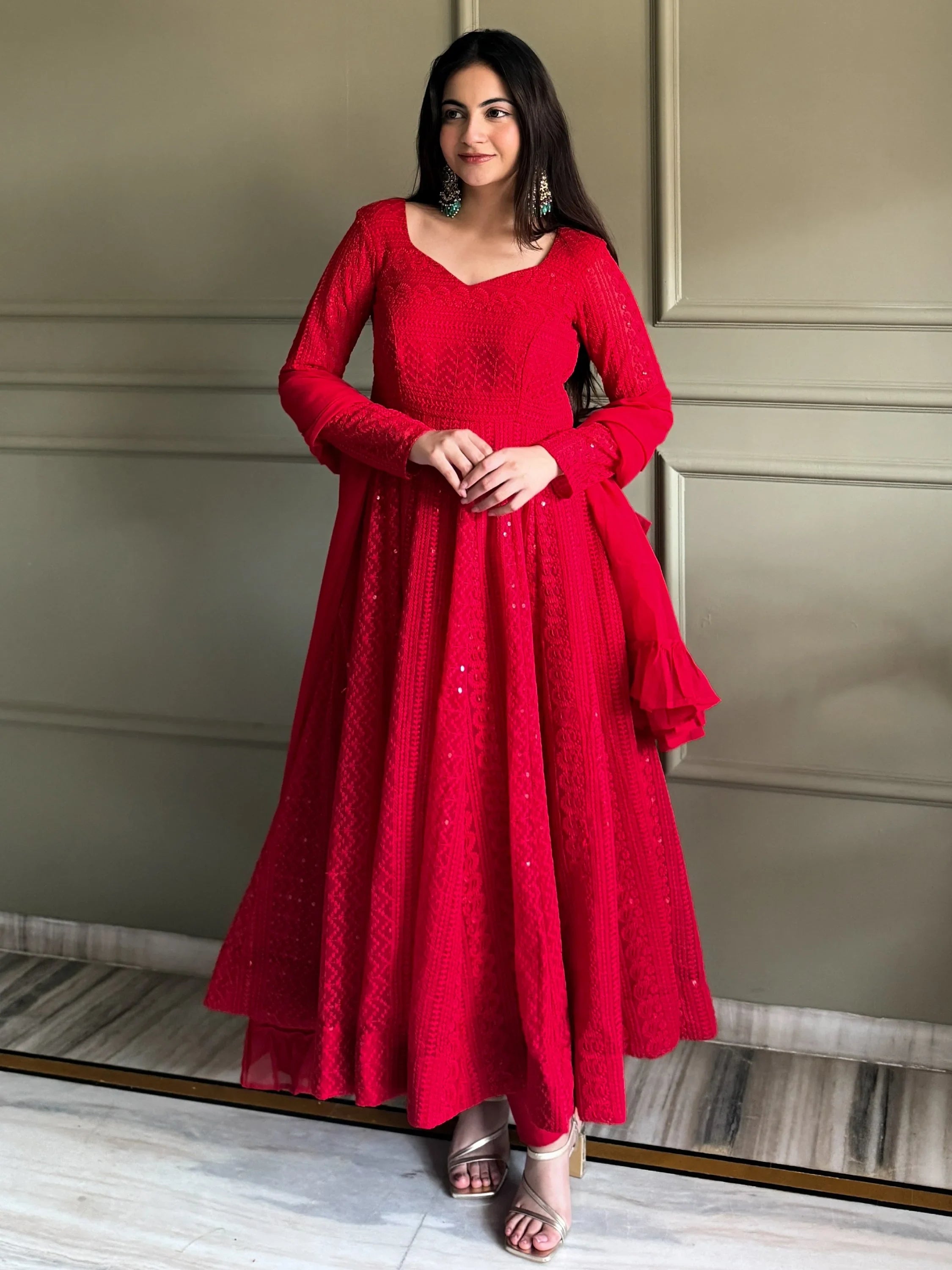 Amazeballs Red Thread Work Georgette Wedding Wear Anarkali Pant Suit