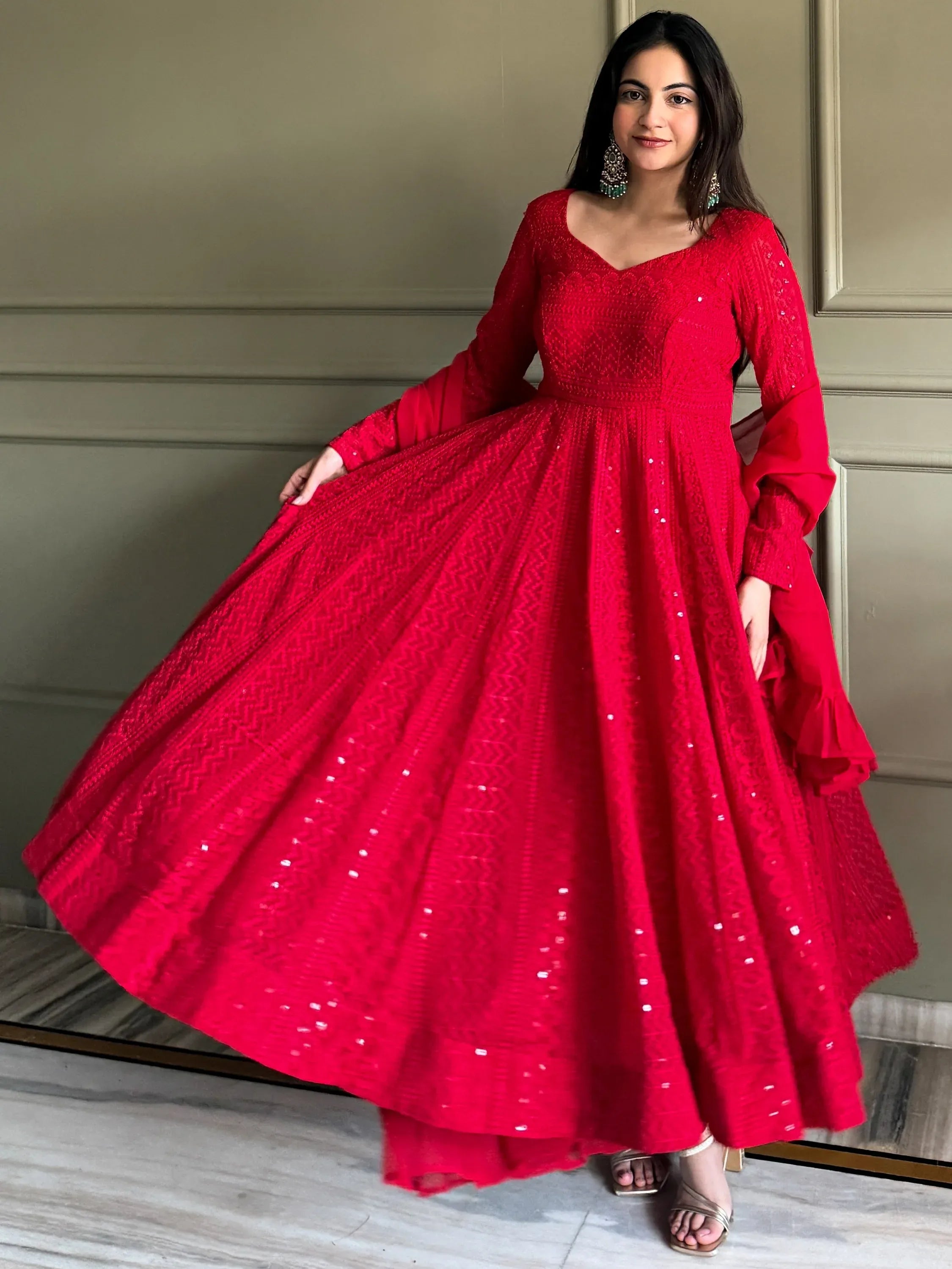 Amazeballs Red Thread Work Georgette Wedding Wear Anarkali Pant Suit