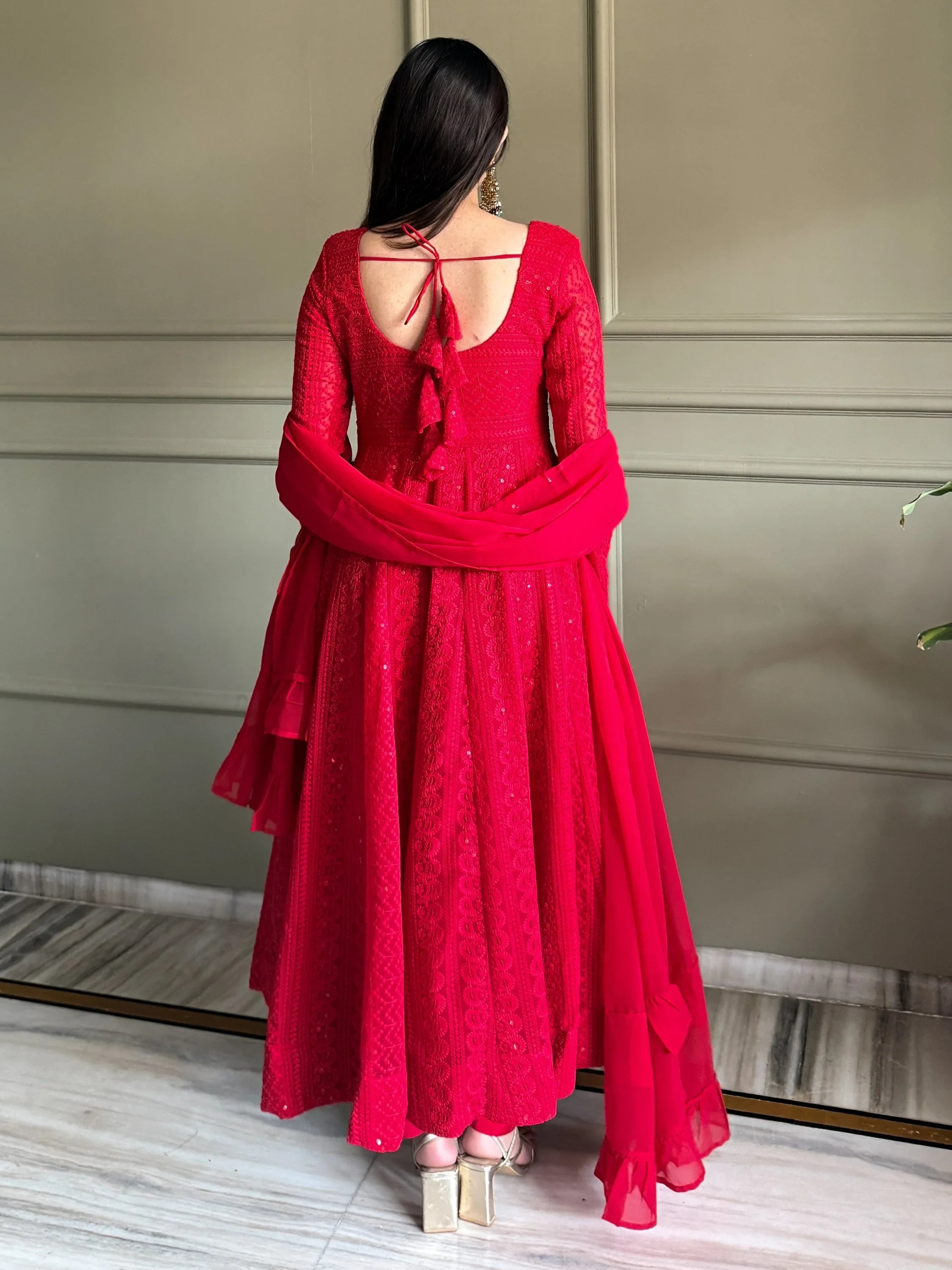 Amazeballs Red Thread Work Georgette Wedding Wear Anarkali Pant Suit