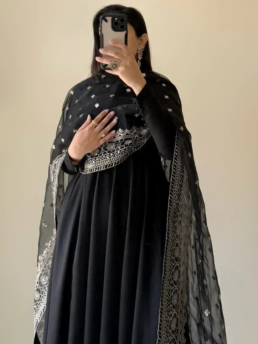Black embroidered anarkali with sheer dupatta, Indian ethnic wear for women