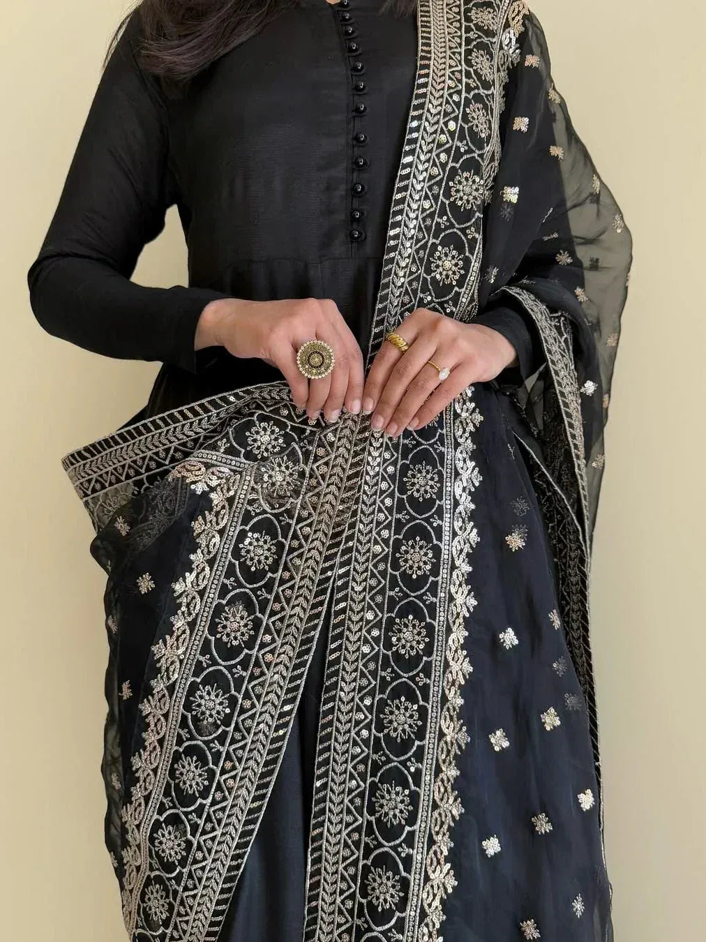 Black ethnic salwar kameez with gold embroidery and sheer dupatta, perfect for Indian occasions