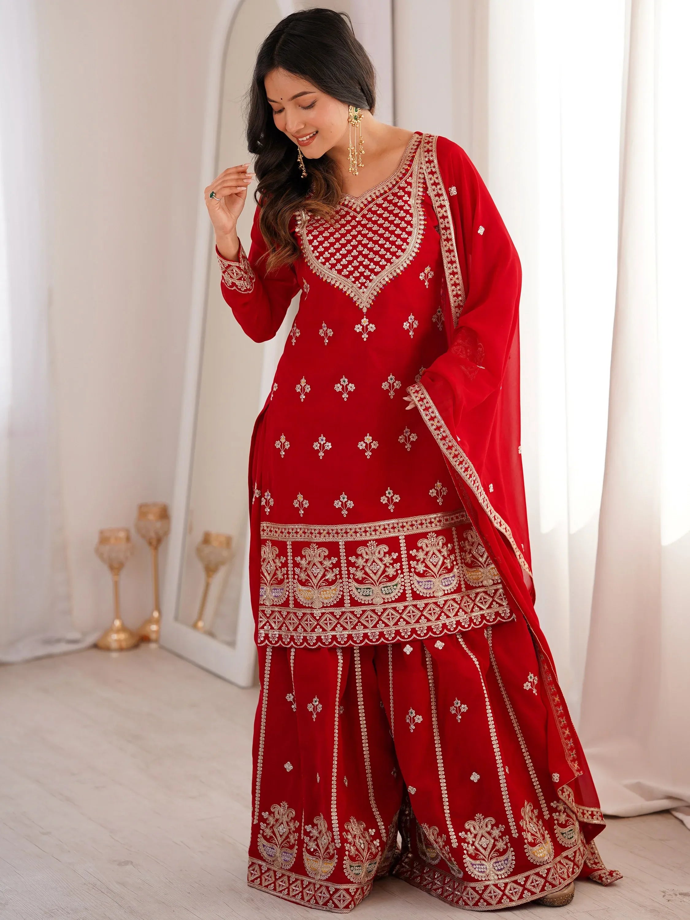 Dreamy Red Dori Embroidered Georgette Engagement Wear Sharara Suit
