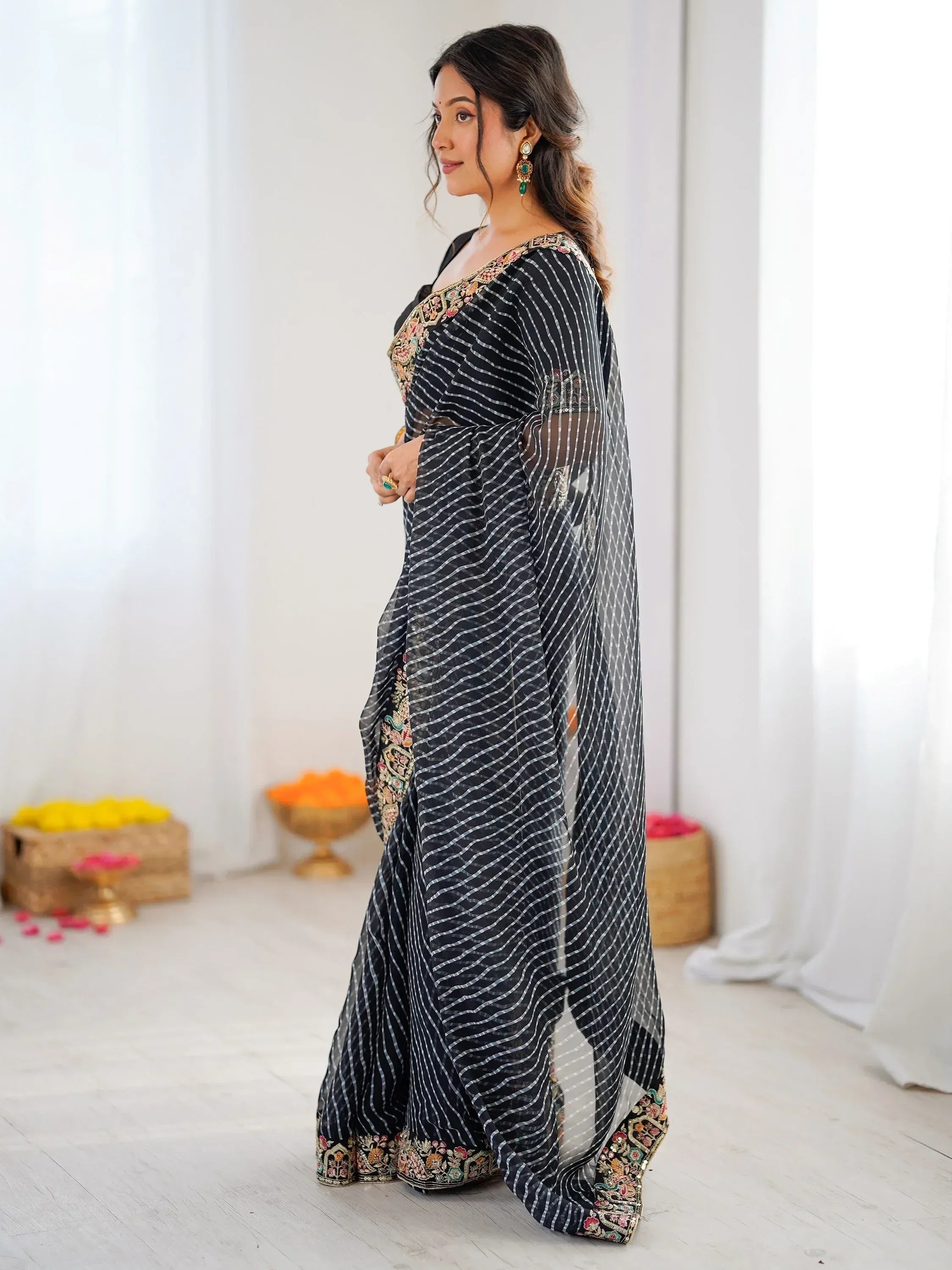 Classy Black Border Work Georgette Traditional Saree With Blouse