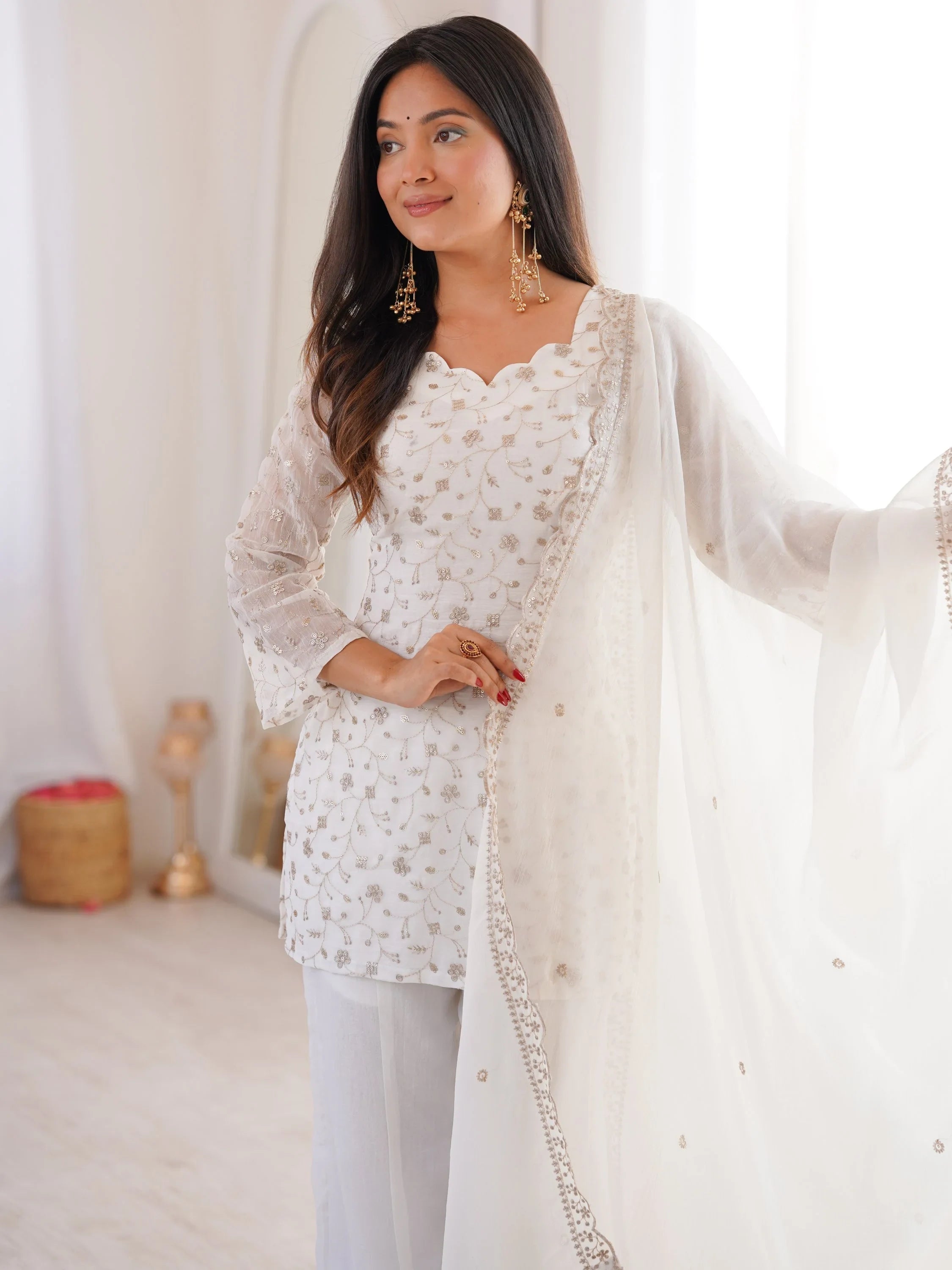 Esthetics White Sequins Silk Festive Wear Pant Suit