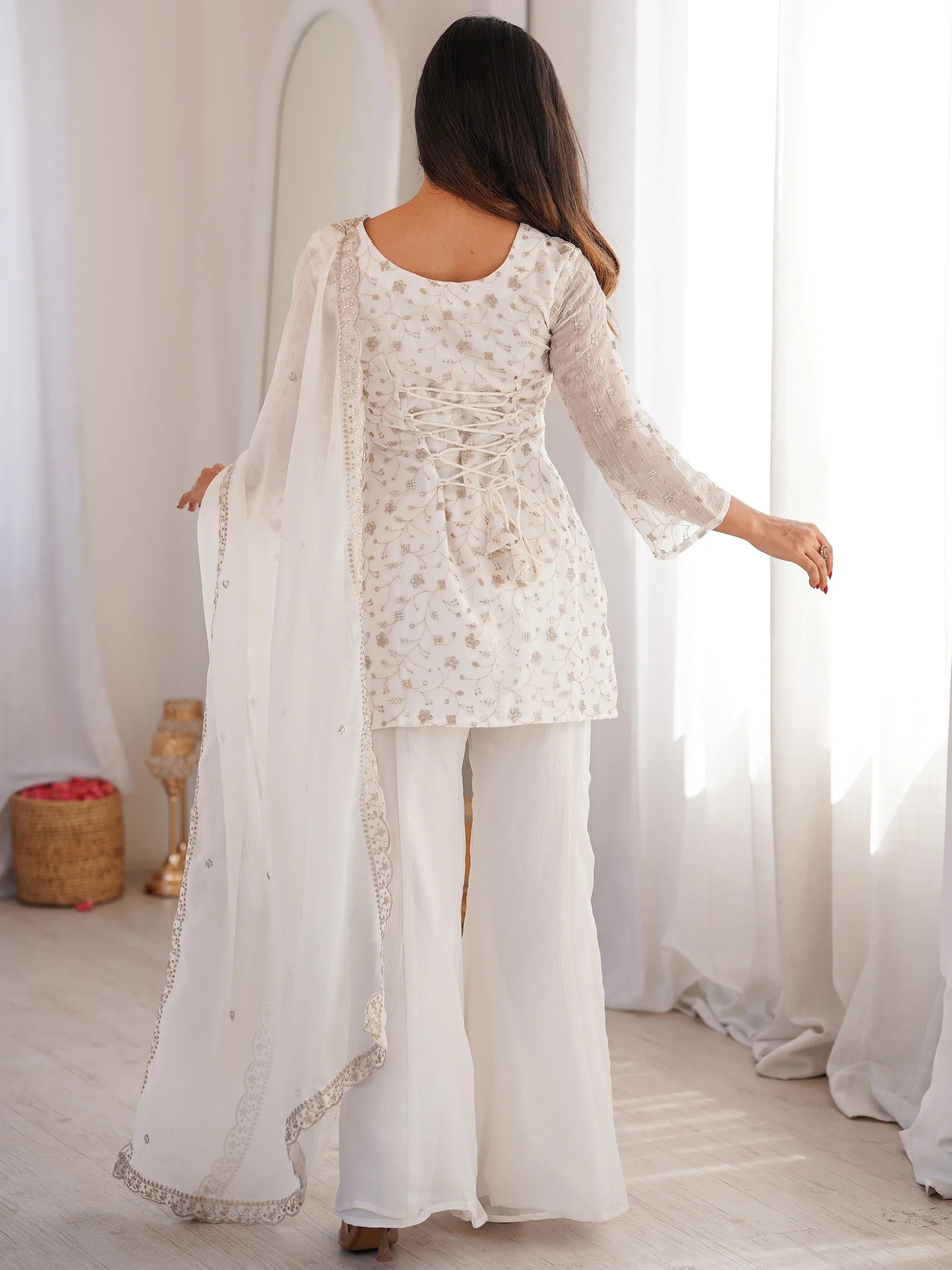 Esthetics White Sequins Silk Festive Wear Pant Suit