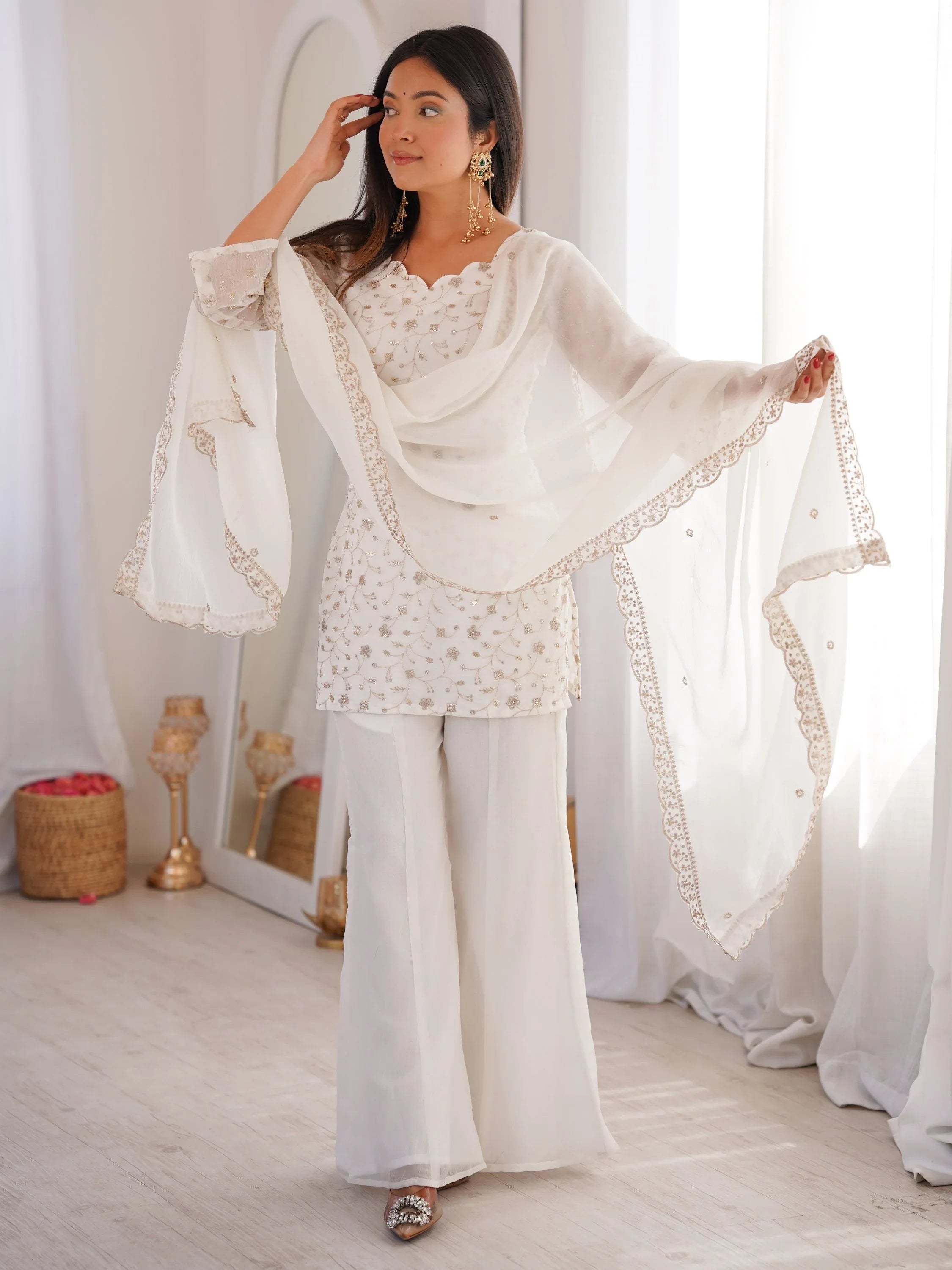 Esthetics White Sequins Silk Festive Wear Pant Suit