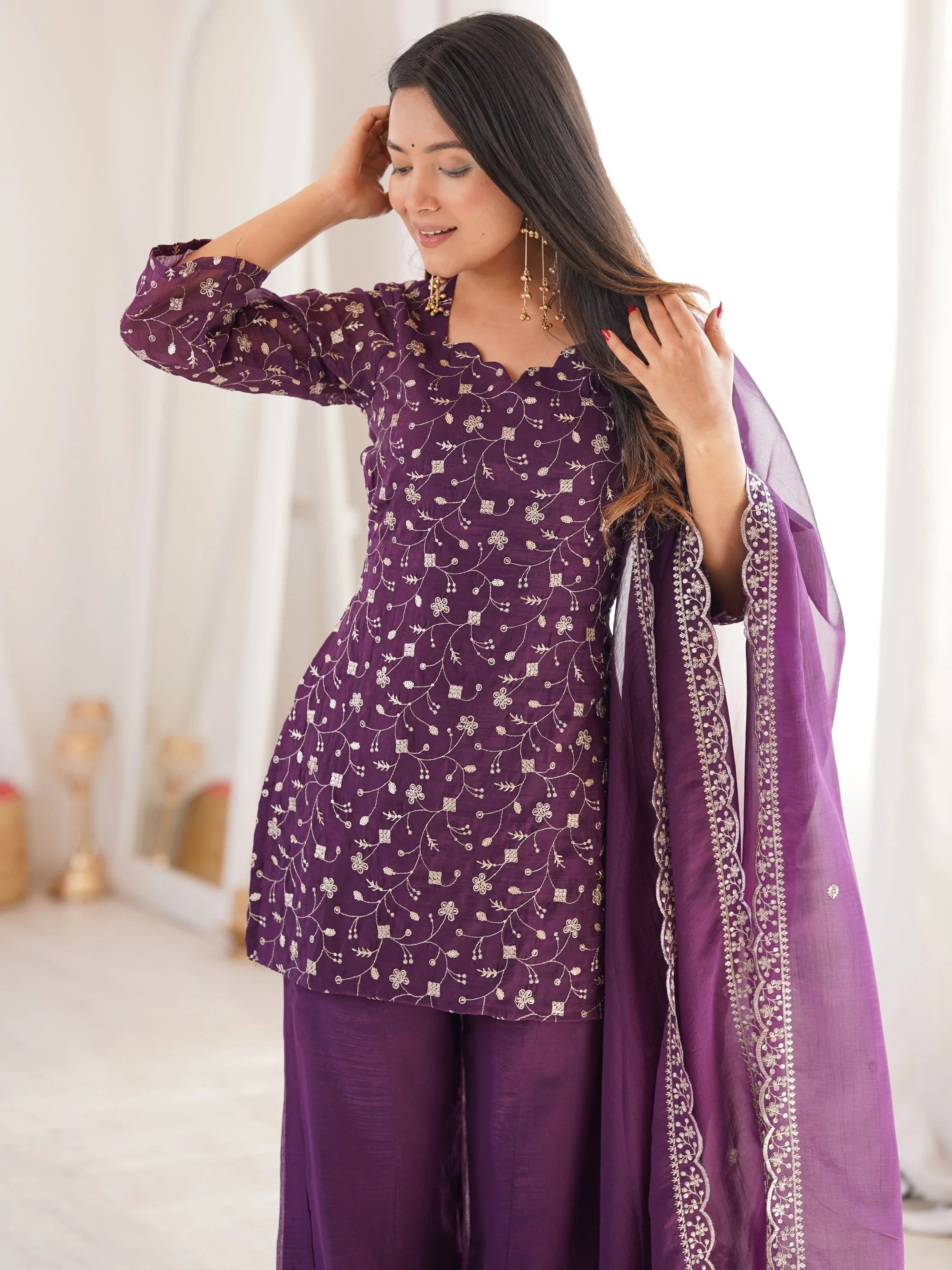 Beautiful Purple Sequins Silk Function Wear Pant Suit