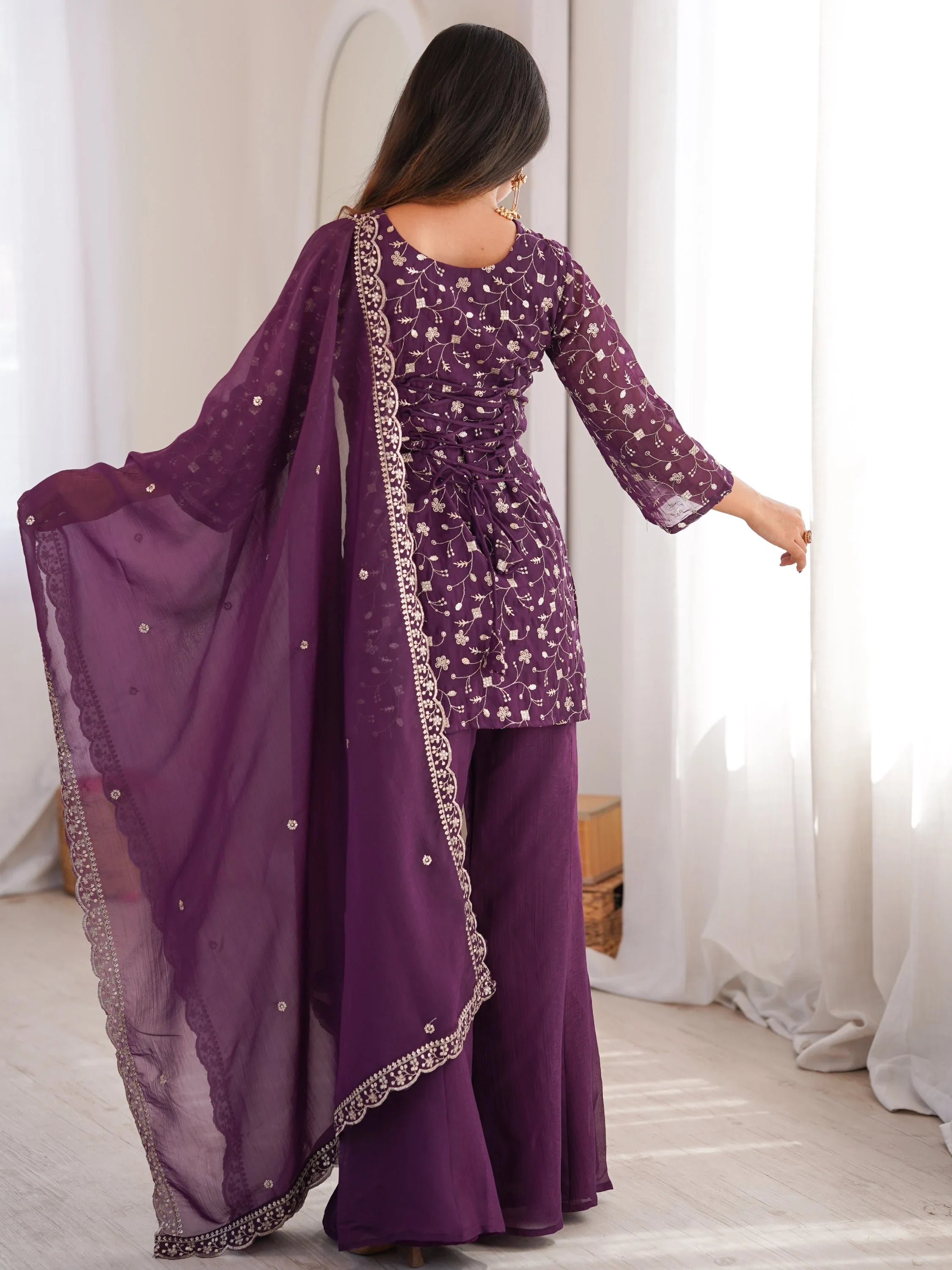 Beautiful Purple Sequins Silk Function Wear Pant Suit