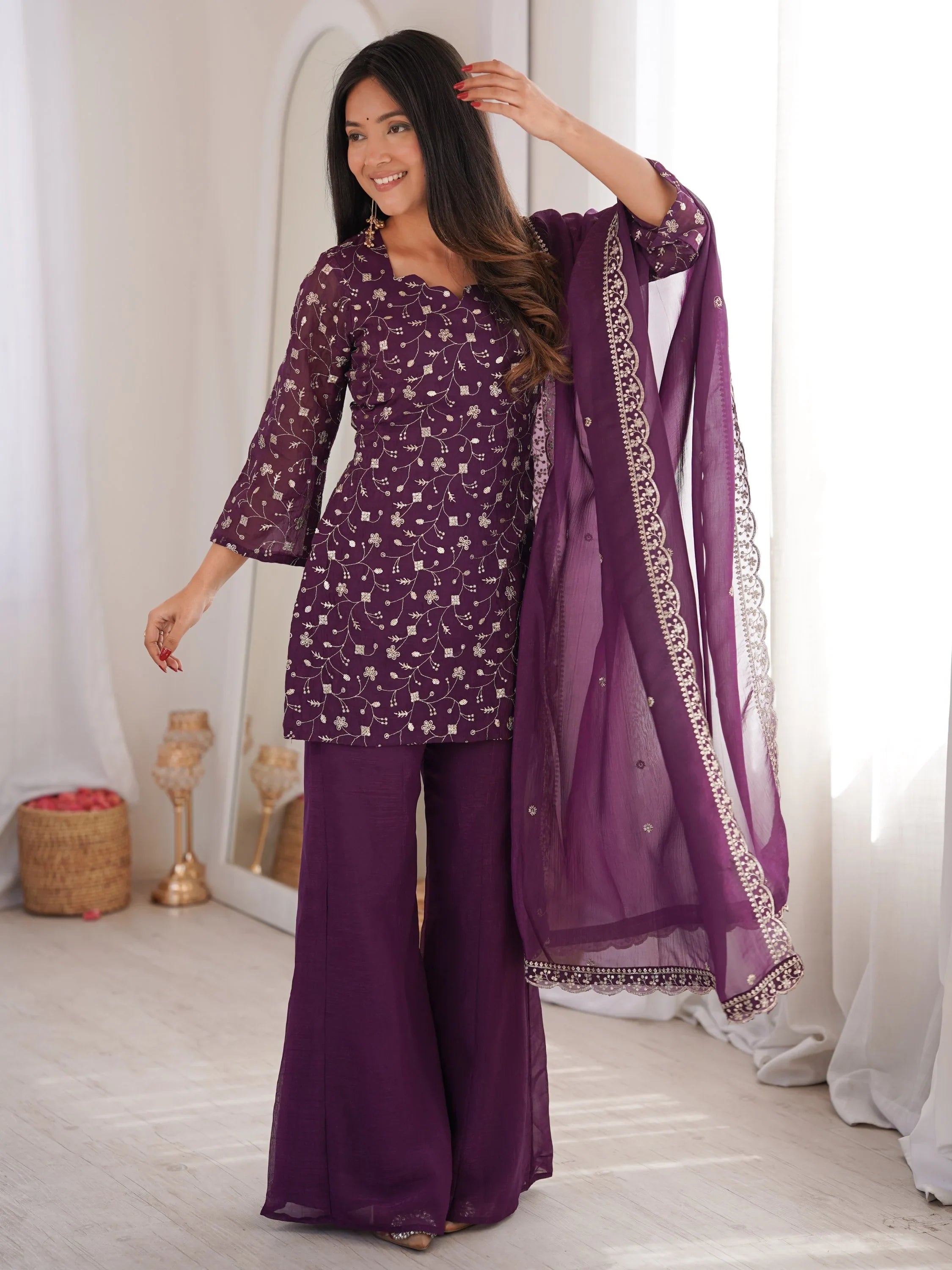 Beautiful Purple Sequins Silk Function Wear Pant Suit