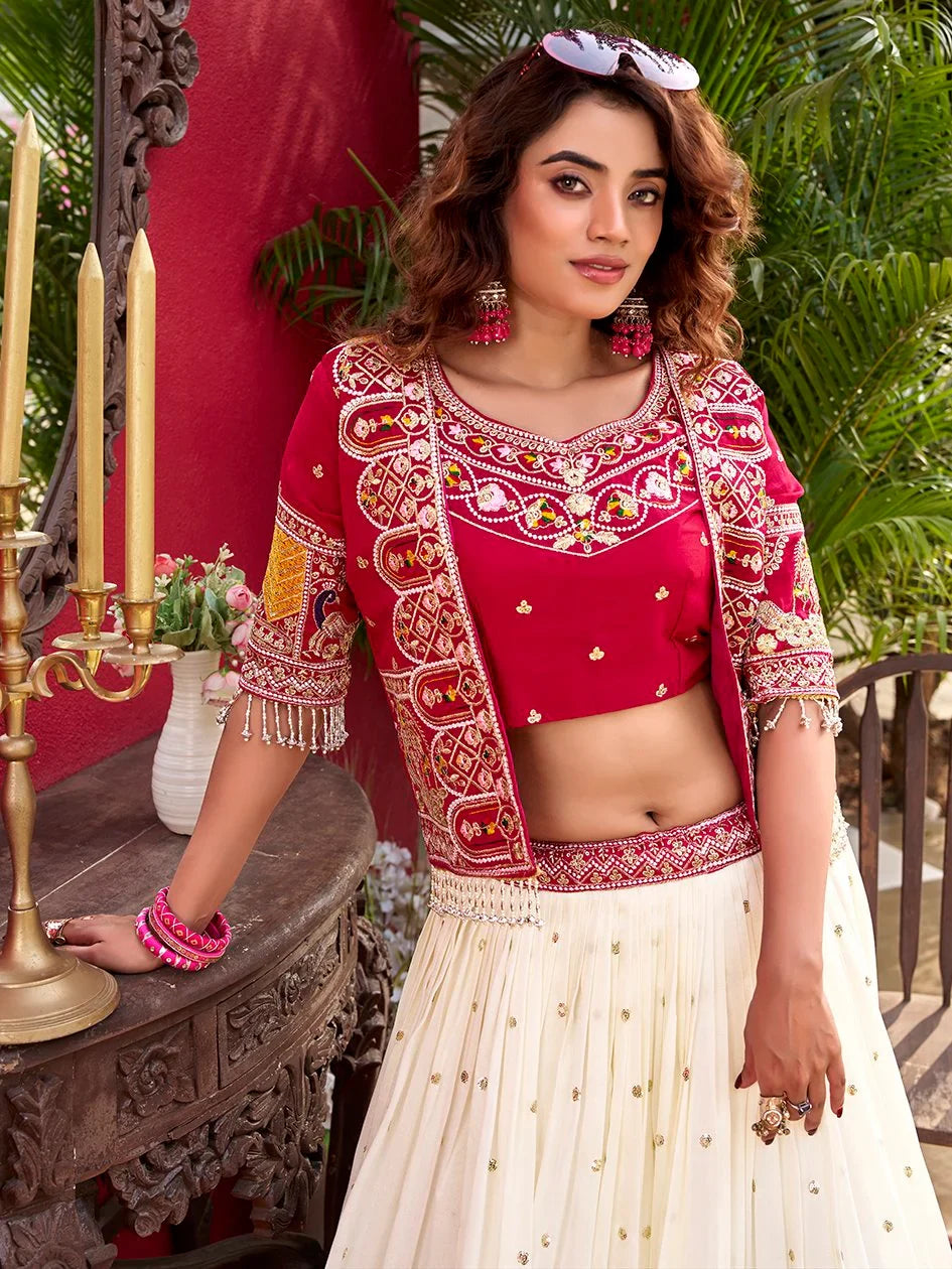 Aesthetic Off-White Thread Work Silk Bridesmaid Lehenga Choli With Koti