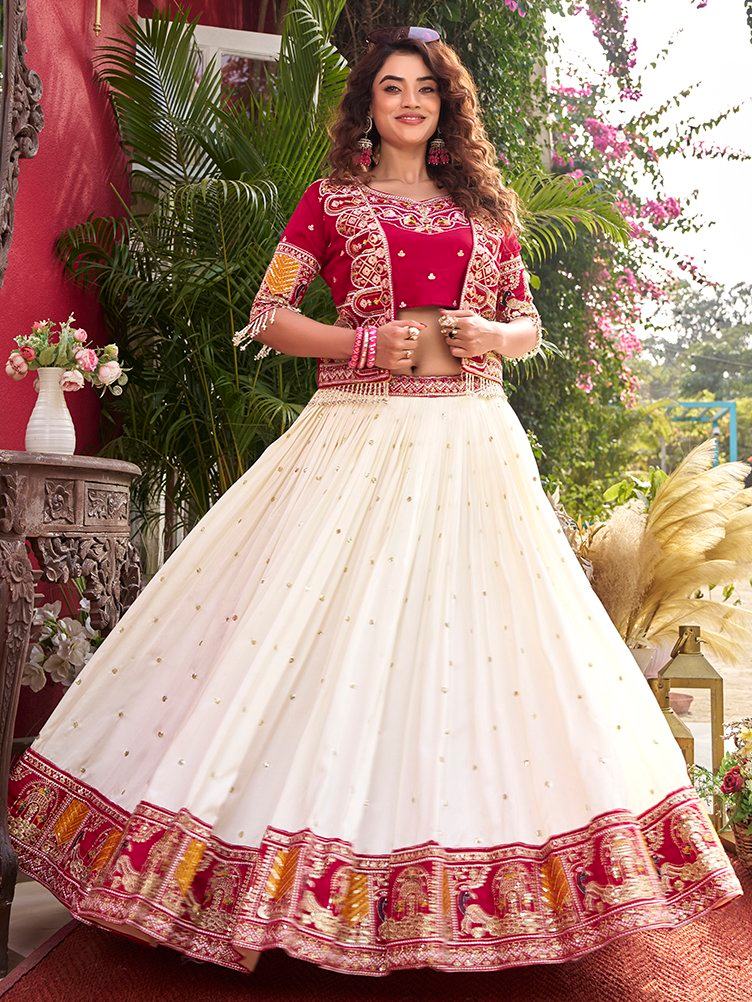 Aesthetic Off-White Thread Work Silk Bridesmaid Lehenga Choli With Koti