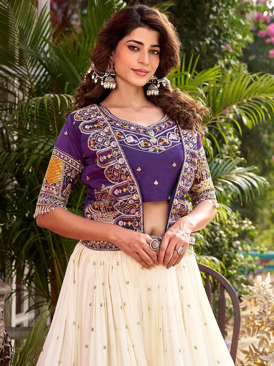 Glorious Off-White Embroidered Silk Wedding Wear Lehenga Choli With Koti