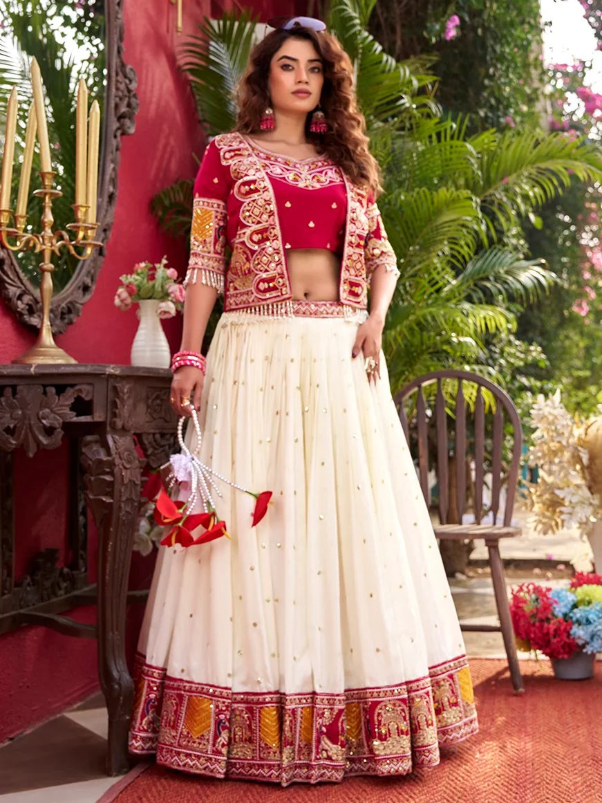 Aesthetic Off-White Thread Work Silk Bridesmaid Lehenga Choli With Koti