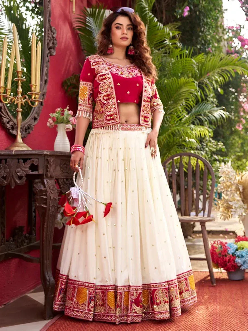Aesthetic Off-White Thread Work Silk Bridesmaid Lehenga Choli With Koti