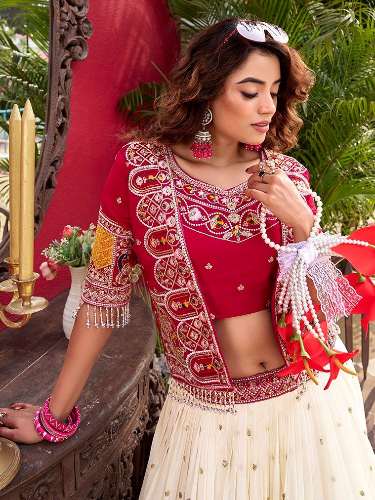 Aesthetic Off-White Thread Work Silk Bridesmaid Lehenga Choli With Koti
