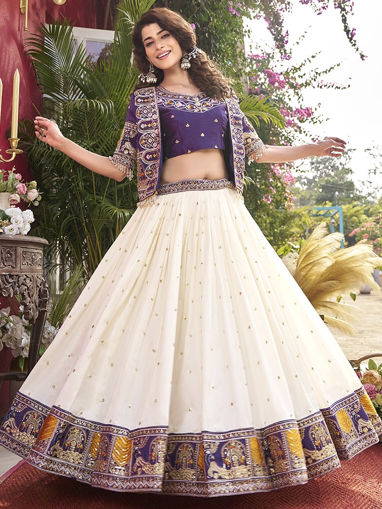 Glorious Off-White Embroidered Silk Wedding Wear Lehenga Choli With Koti