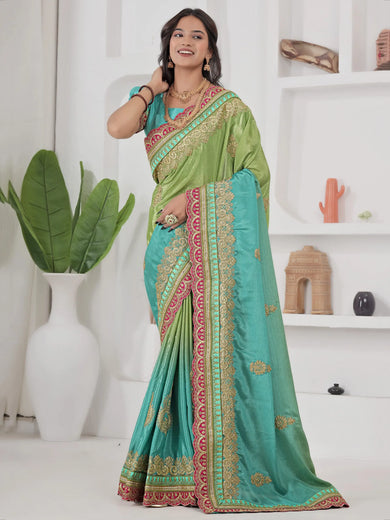 Fabulous Green Coding Work Chinon Wedding Wear Saree With Blouse