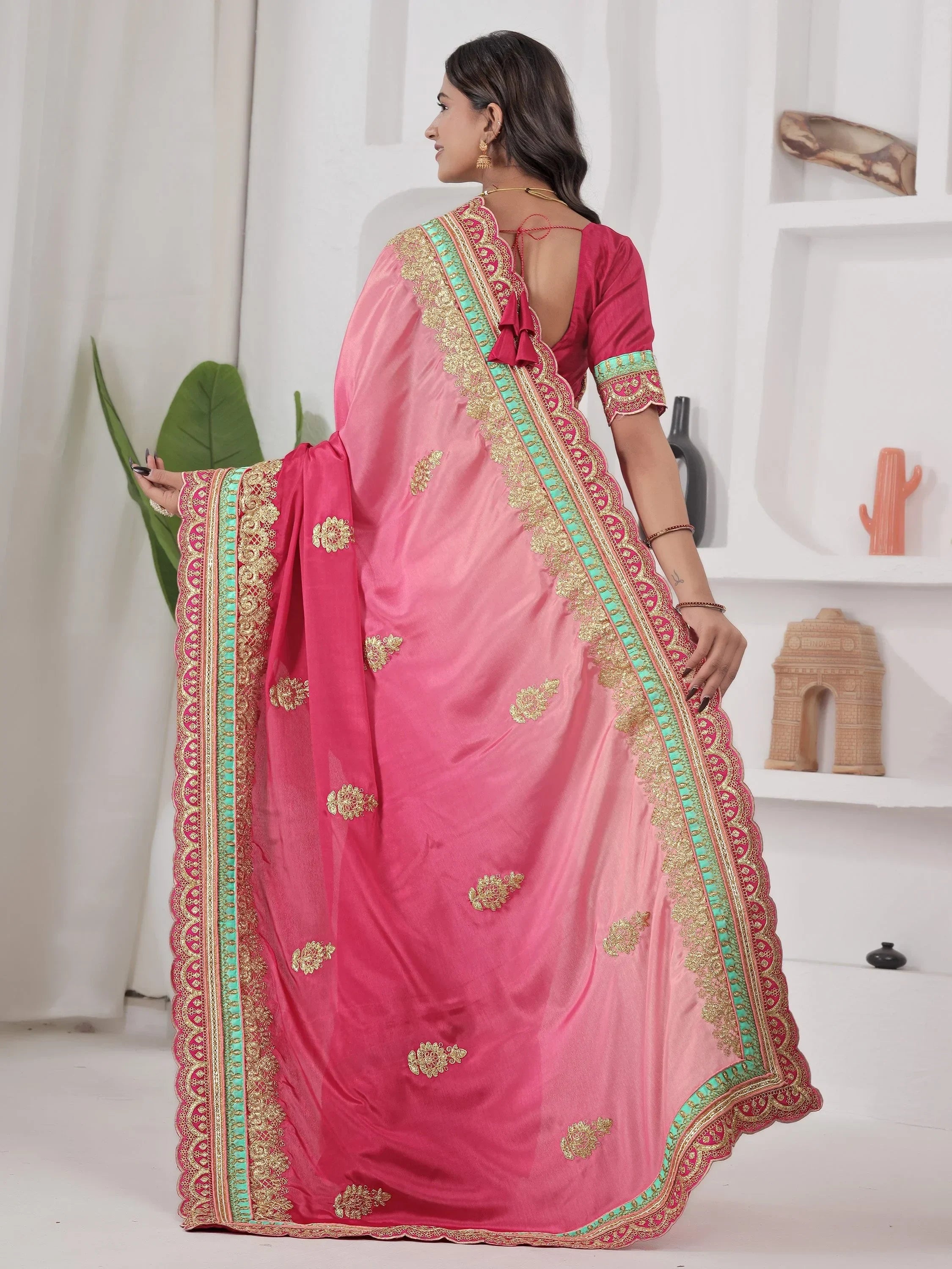 Glamorous Red Embroidered Chinon Wedding Wear Saree With Blouse