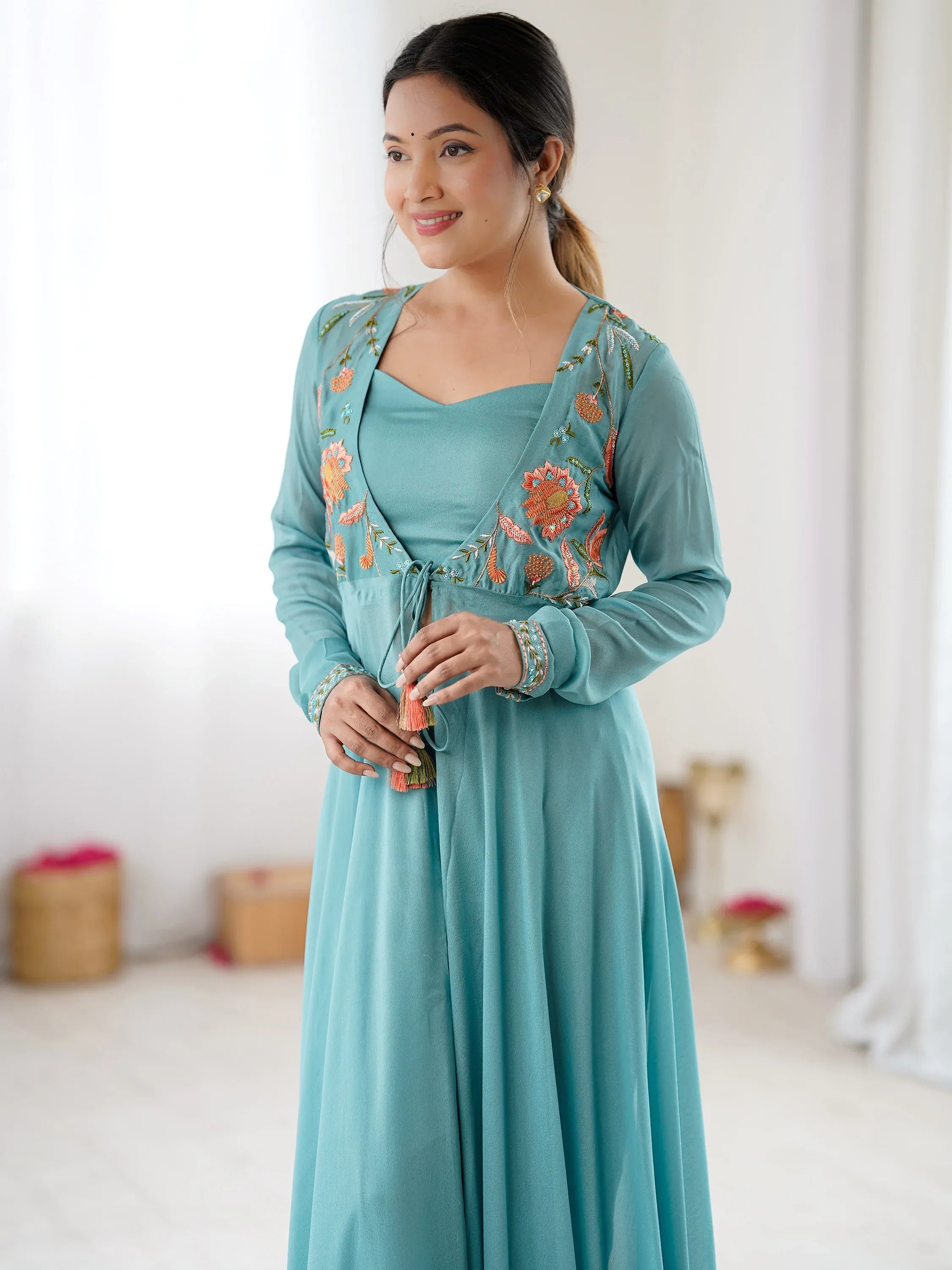 Rich Sky Blue Floral Work Georgette Event Wear Co-Ord Set With Jacket