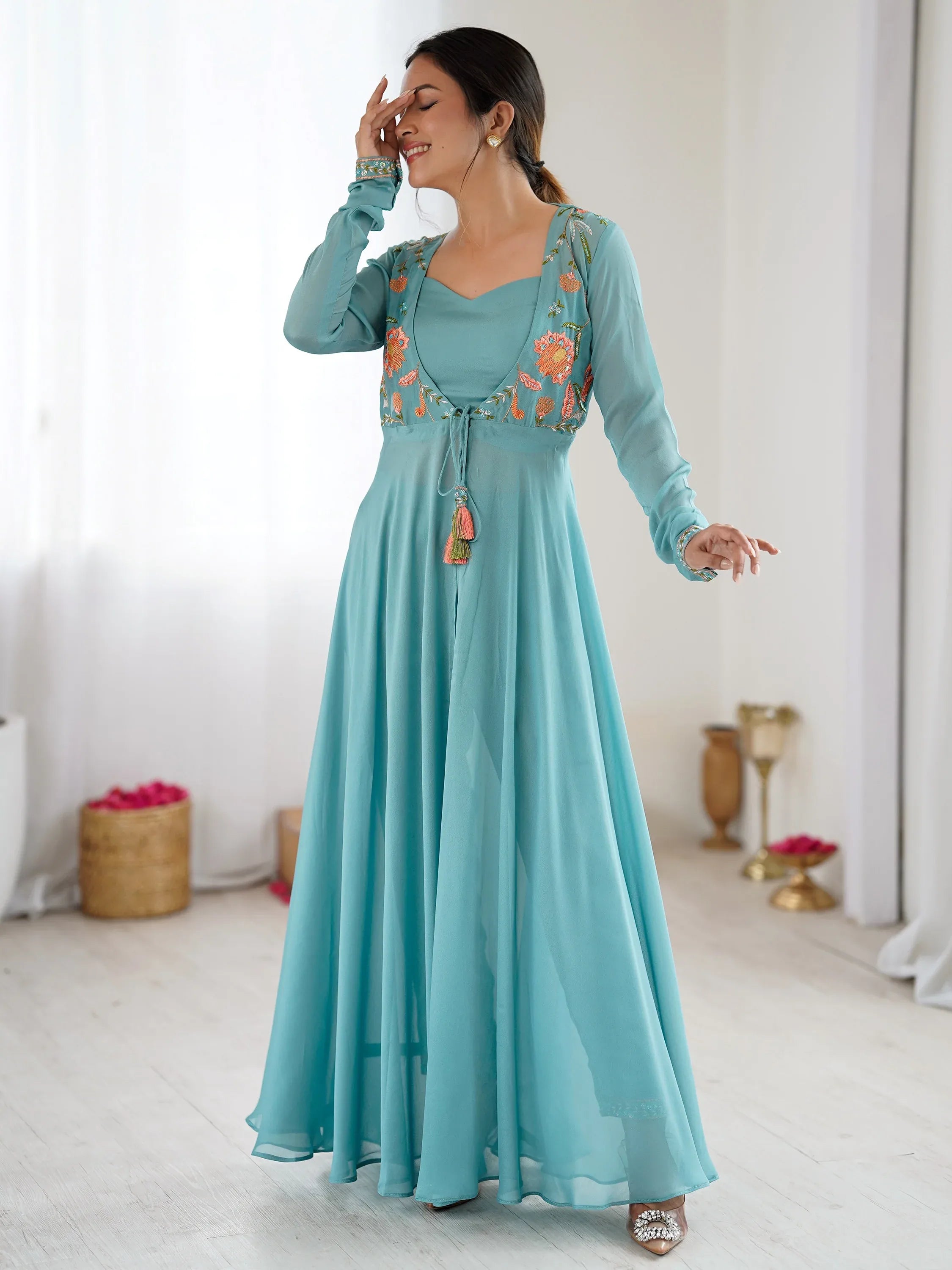 Rich Sky Blue Floral Work Georgette Event Wear Co-Ord Set With Jacket