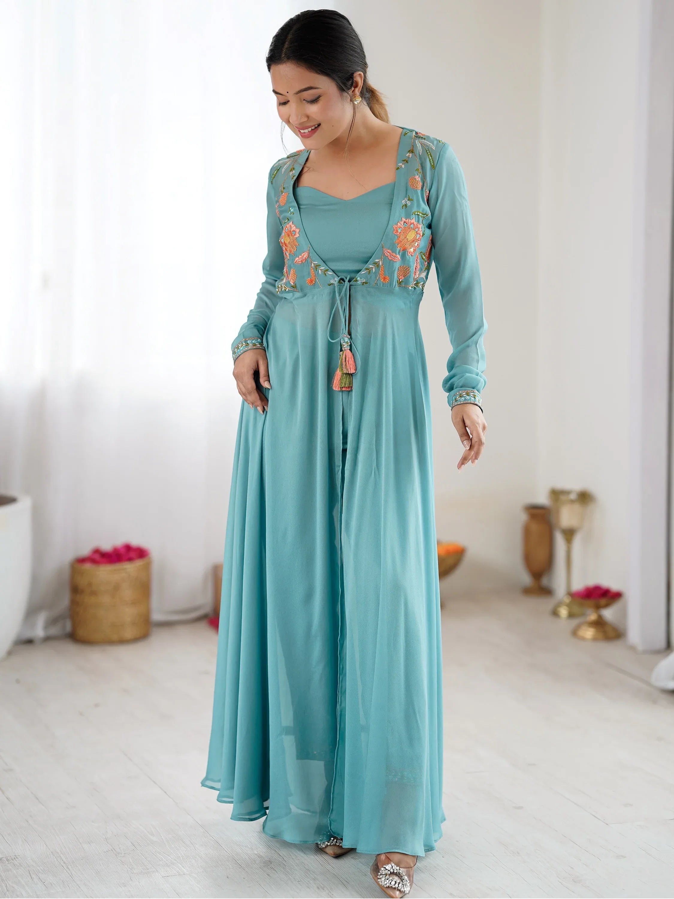 Rich Sky Blue Floral Work Georgette Event Wear Co-Ord Set With Jacket