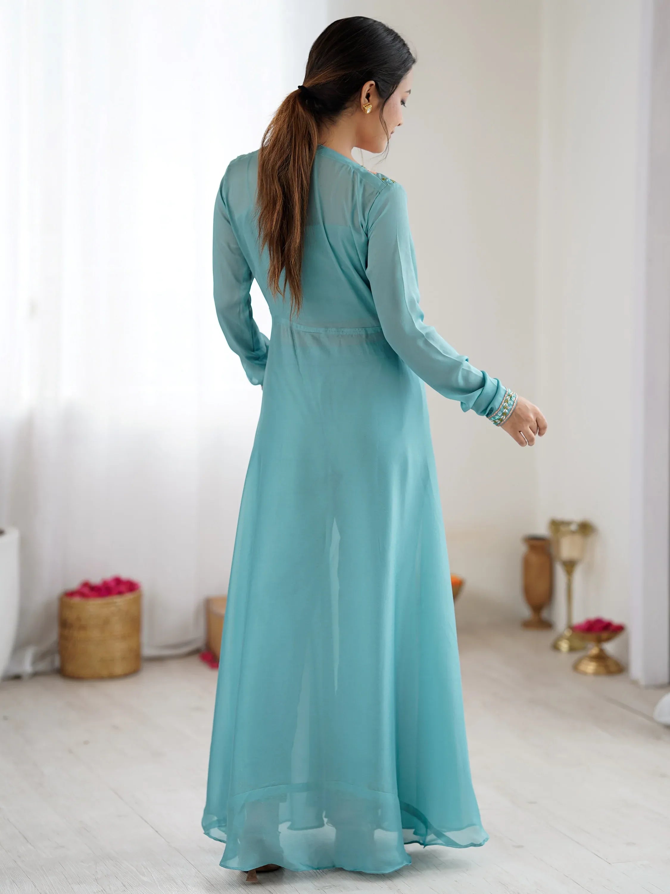Rich Sky Blue Floral Work Georgette Event Wear Co-Ord Set With Jacket