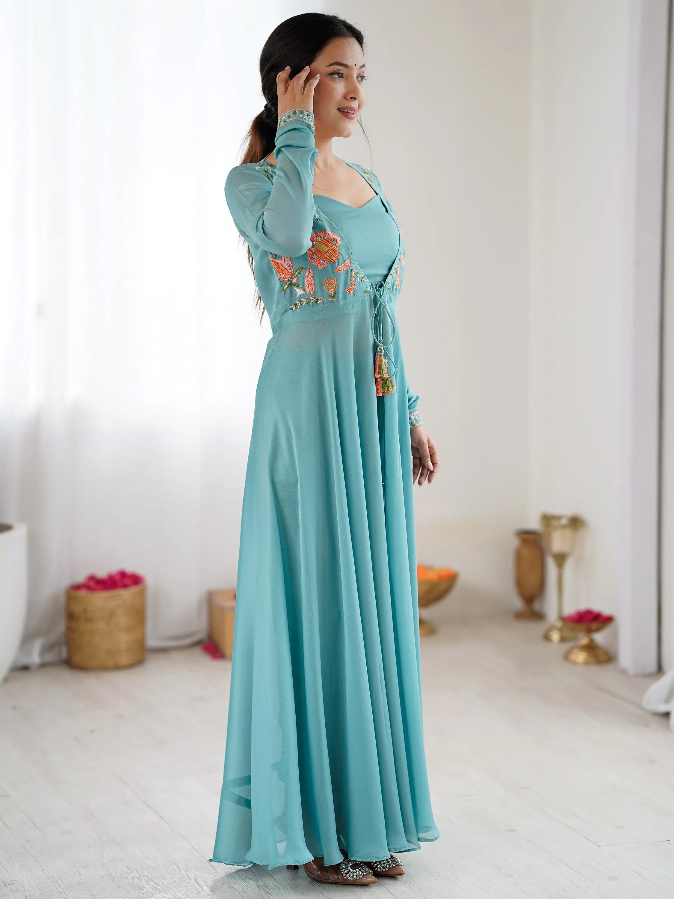 Rich Sky Blue Floral Work Georgette Event Wear Co-Ord Set With Jacket