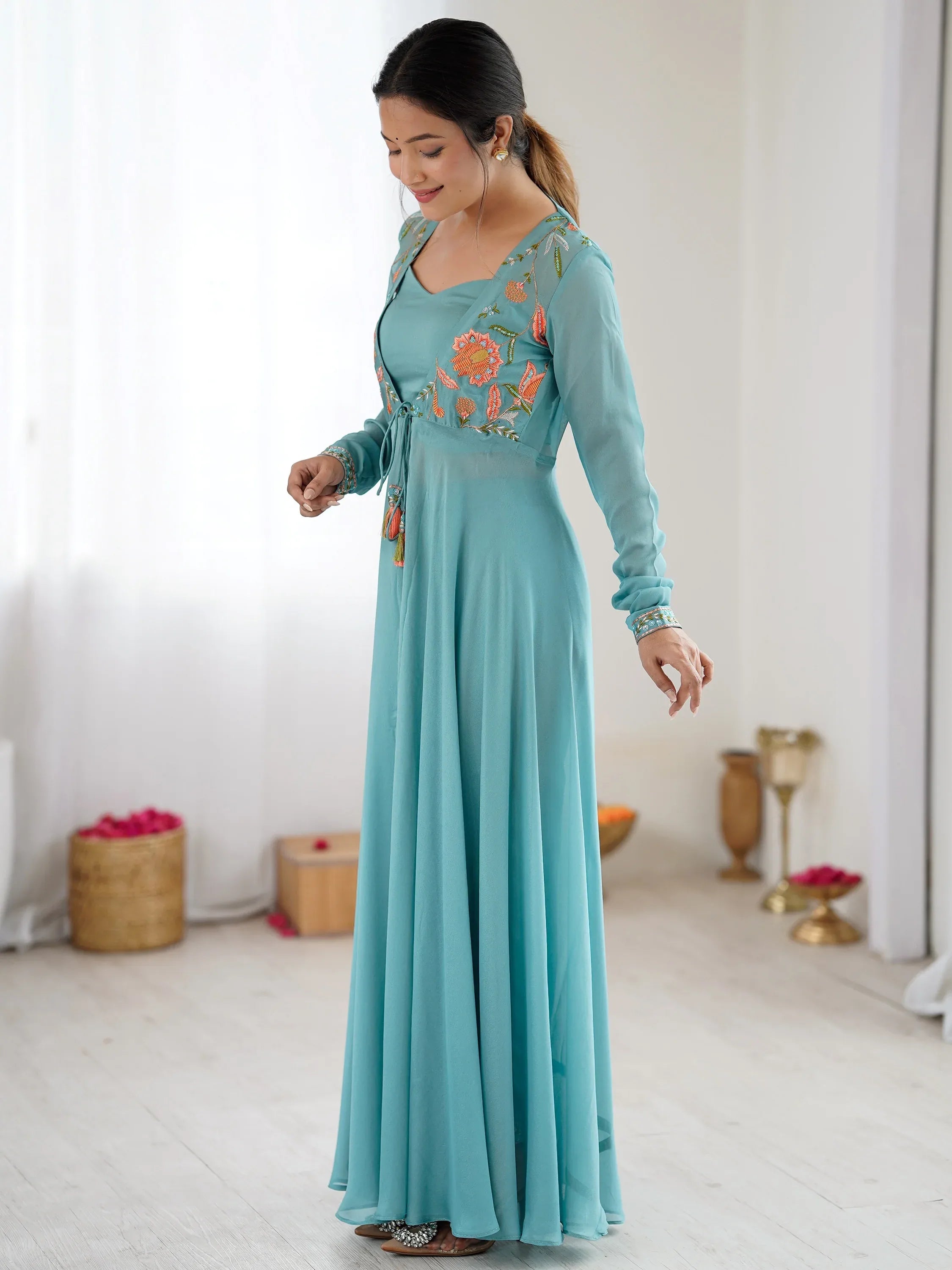 Rich Sky Blue Floral Work Georgette Event Wear Co-Ord Set With Jacket