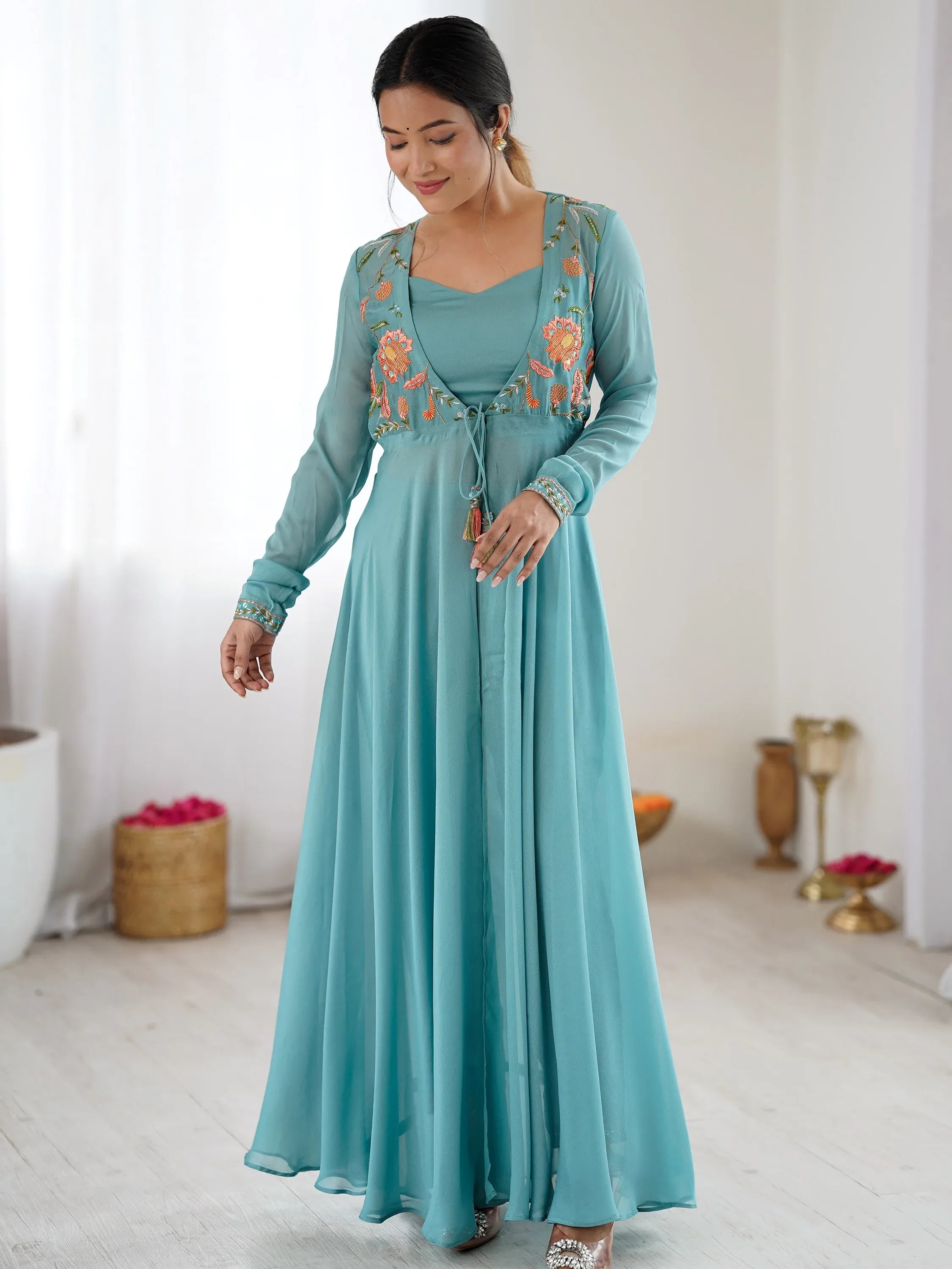 Rich Sky Blue Floral Work Georgette Event Wear Co-Ord Set With Jacket