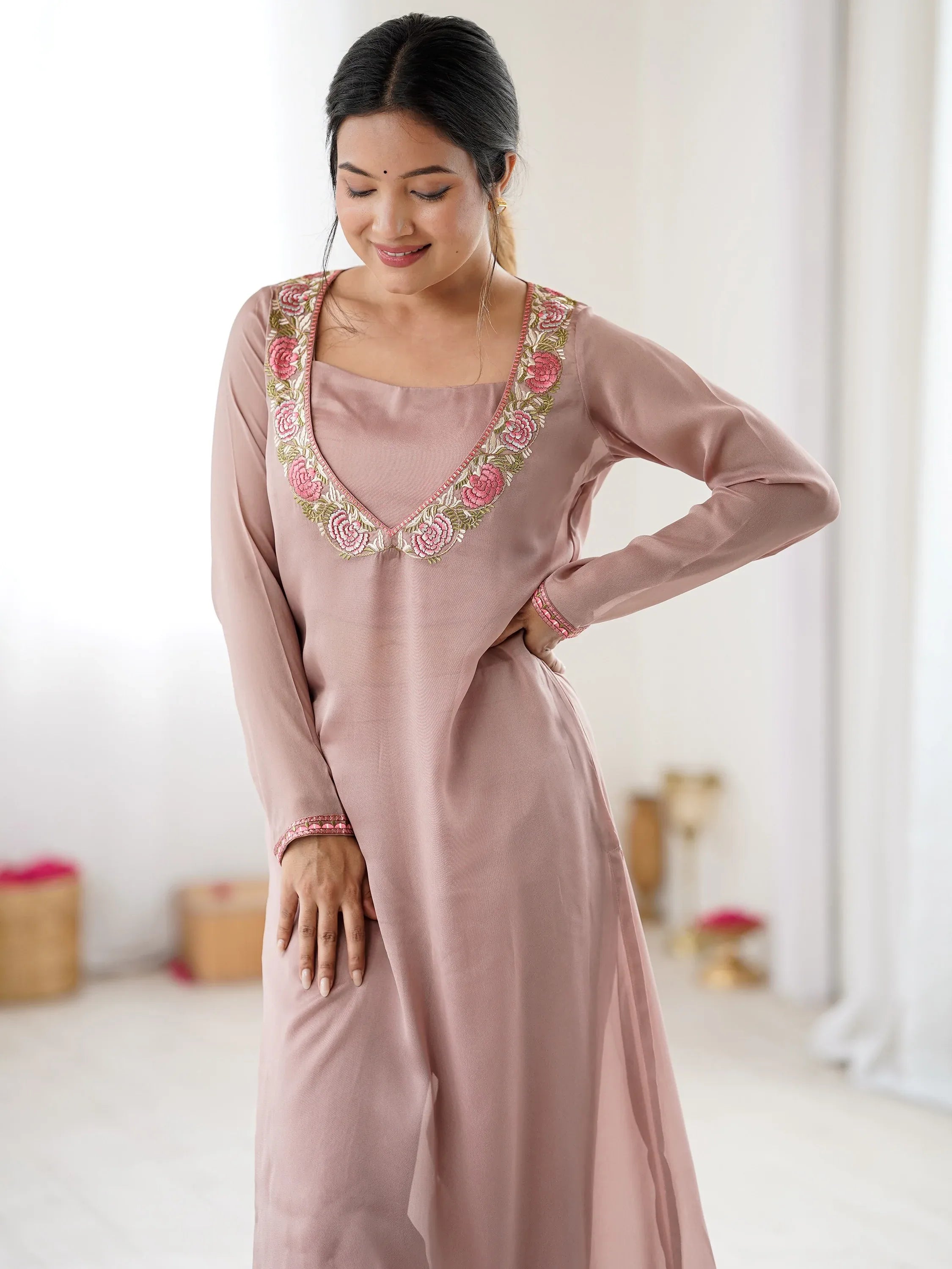 Regal Dusty Pink Embroidered Georgette Wedding Festive Wear Salwar Suit
