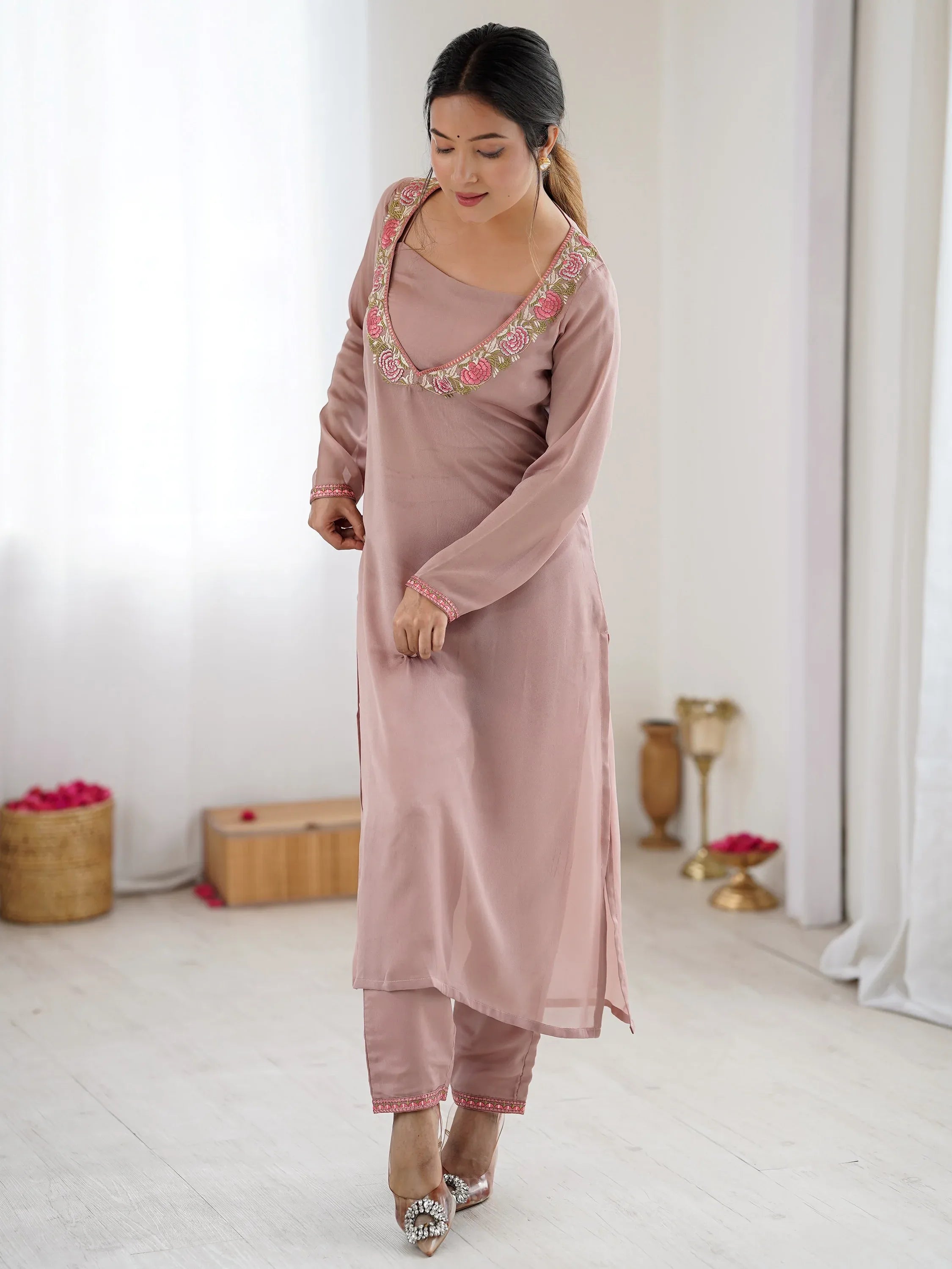 Regal Dusty Pink Embroidered Georgette Wedding Festive Wear Salwar Suit