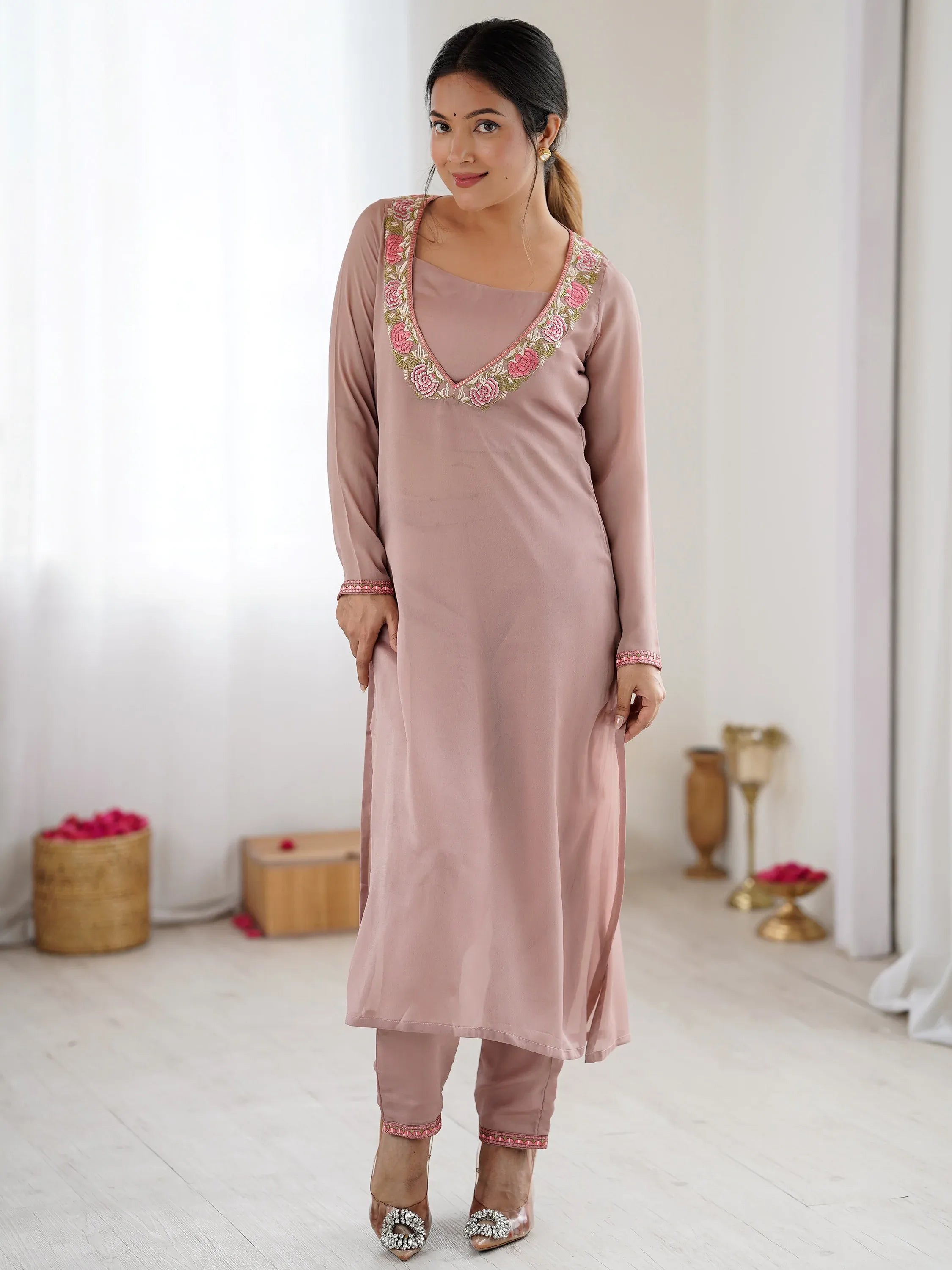 Regal Dusty Pink Embroidered Georgette Wedding Festive Wear Salwar Suit