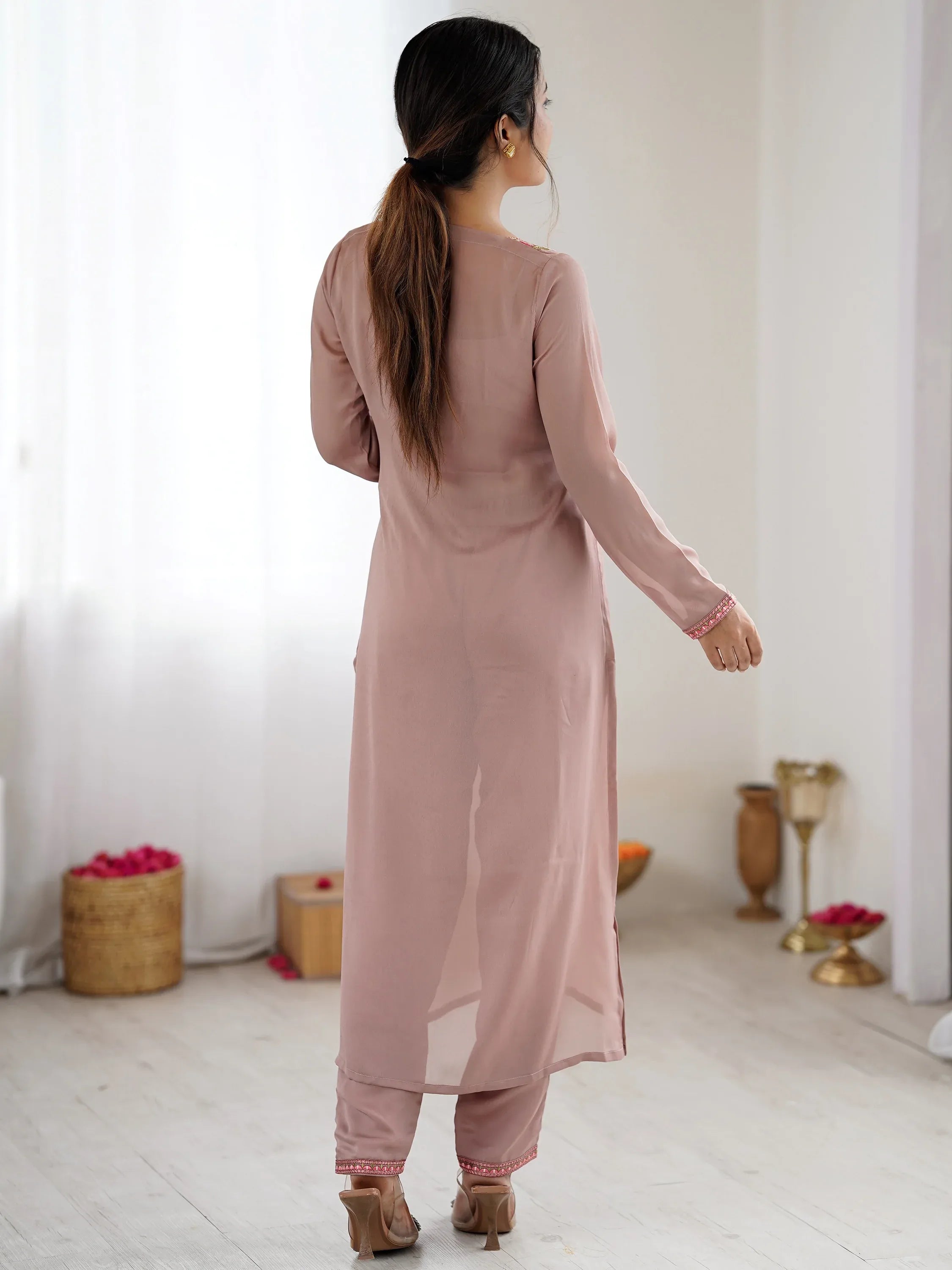Regal Dusty Pink Embroidered Georgette Wedding Festive Wear Salwar Suit