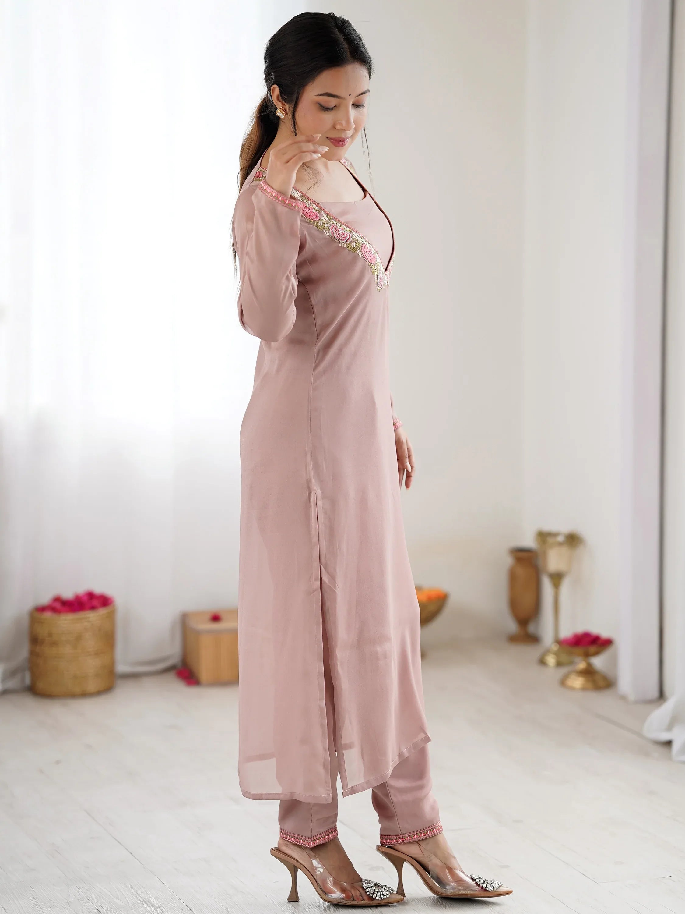 Regal Dusty Pink Embroidered Georgette Wedding Festive Wear Salwar Suit