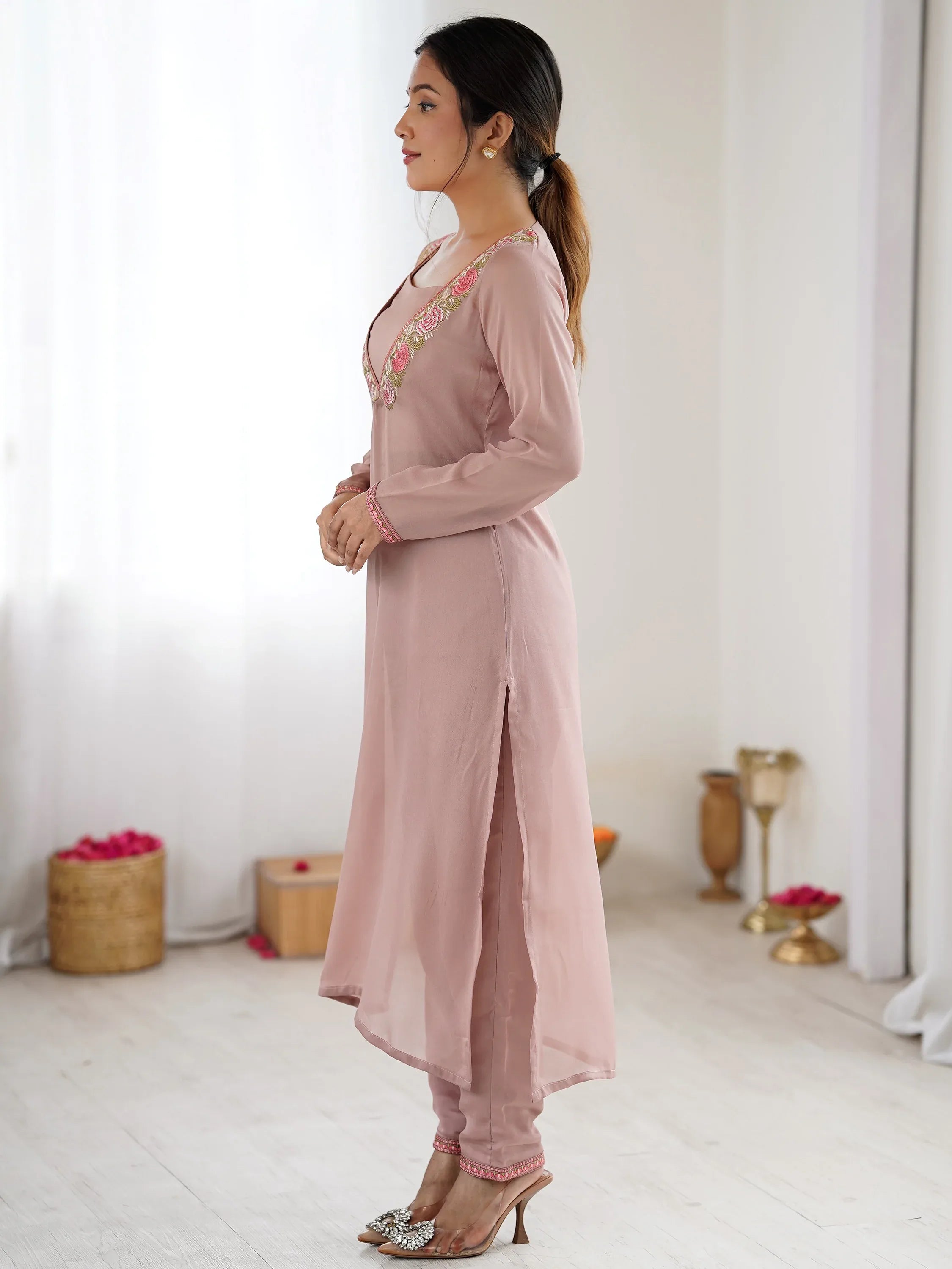 Regal Dusty Pink Embroidered Georgette Wedding Festive Wear Salwar Suit